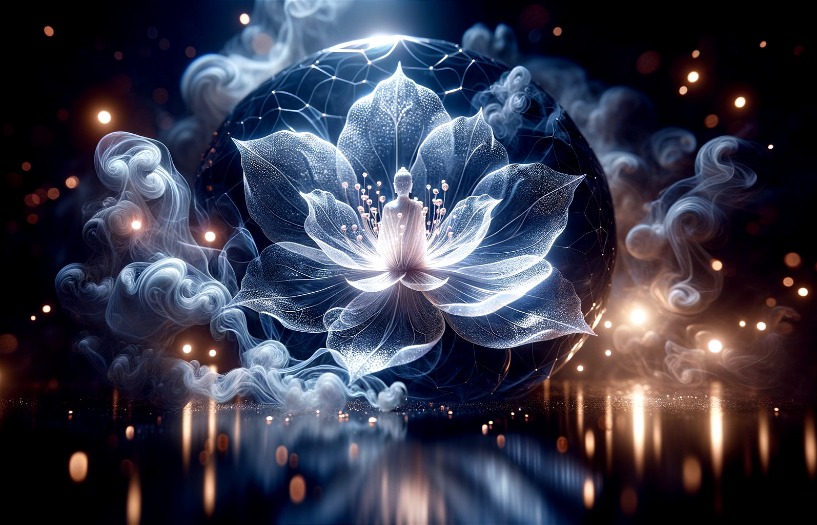 Ethereal Flower Surrounded by Glowing Orbs and Clouds