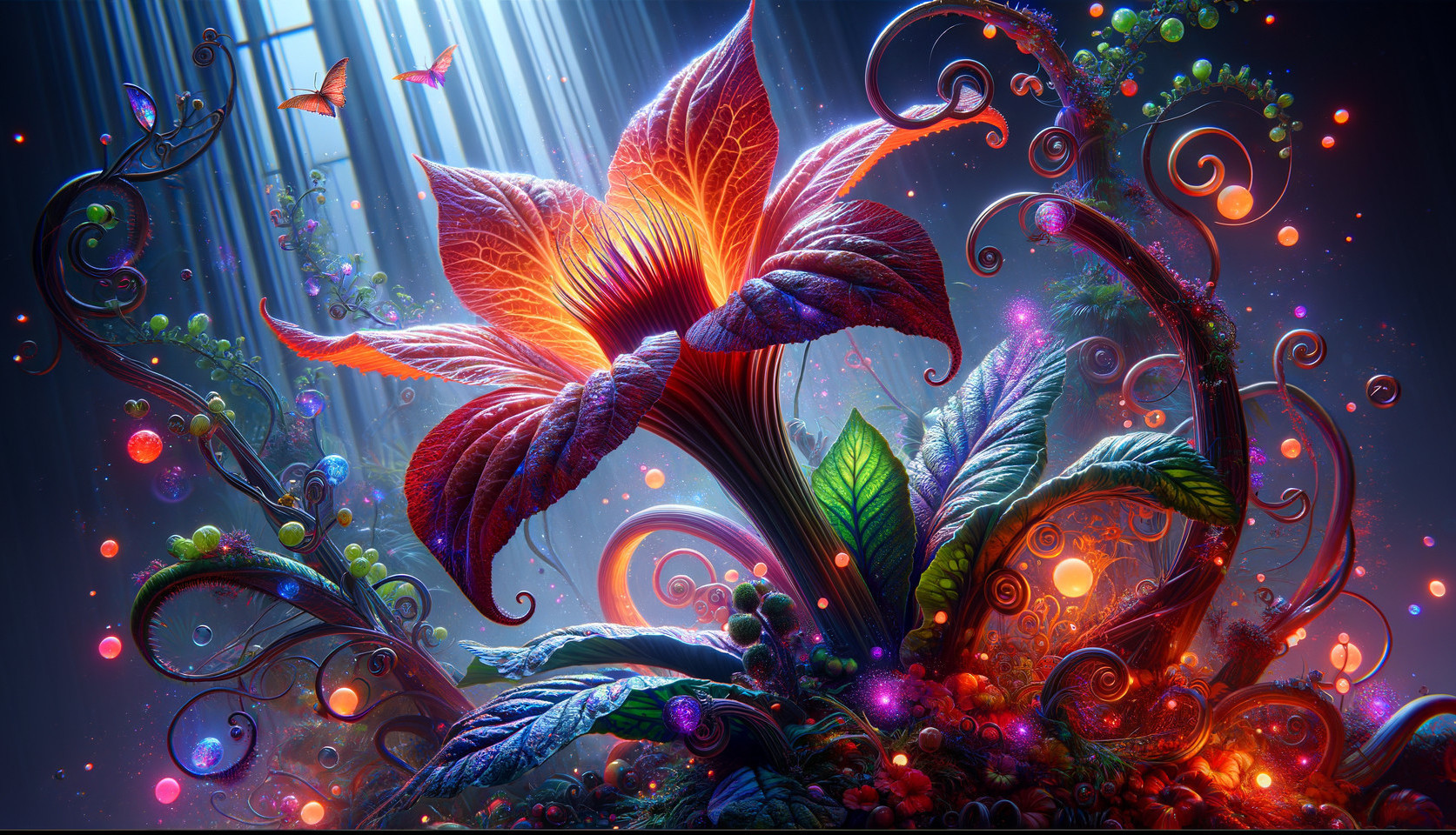 Fantastical luminescent flower surrounded by swirling vines and floating orbs