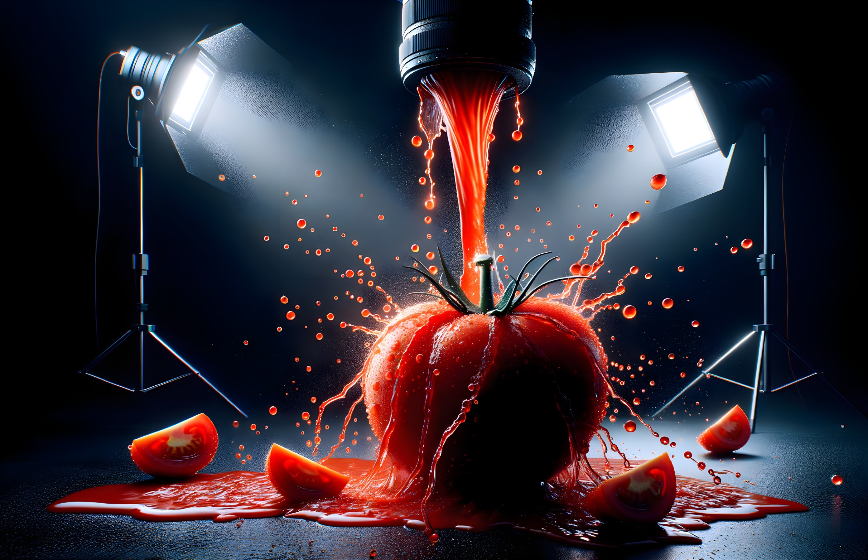 Vibrant Tomato Juice Eruption with Dynamic Lighting