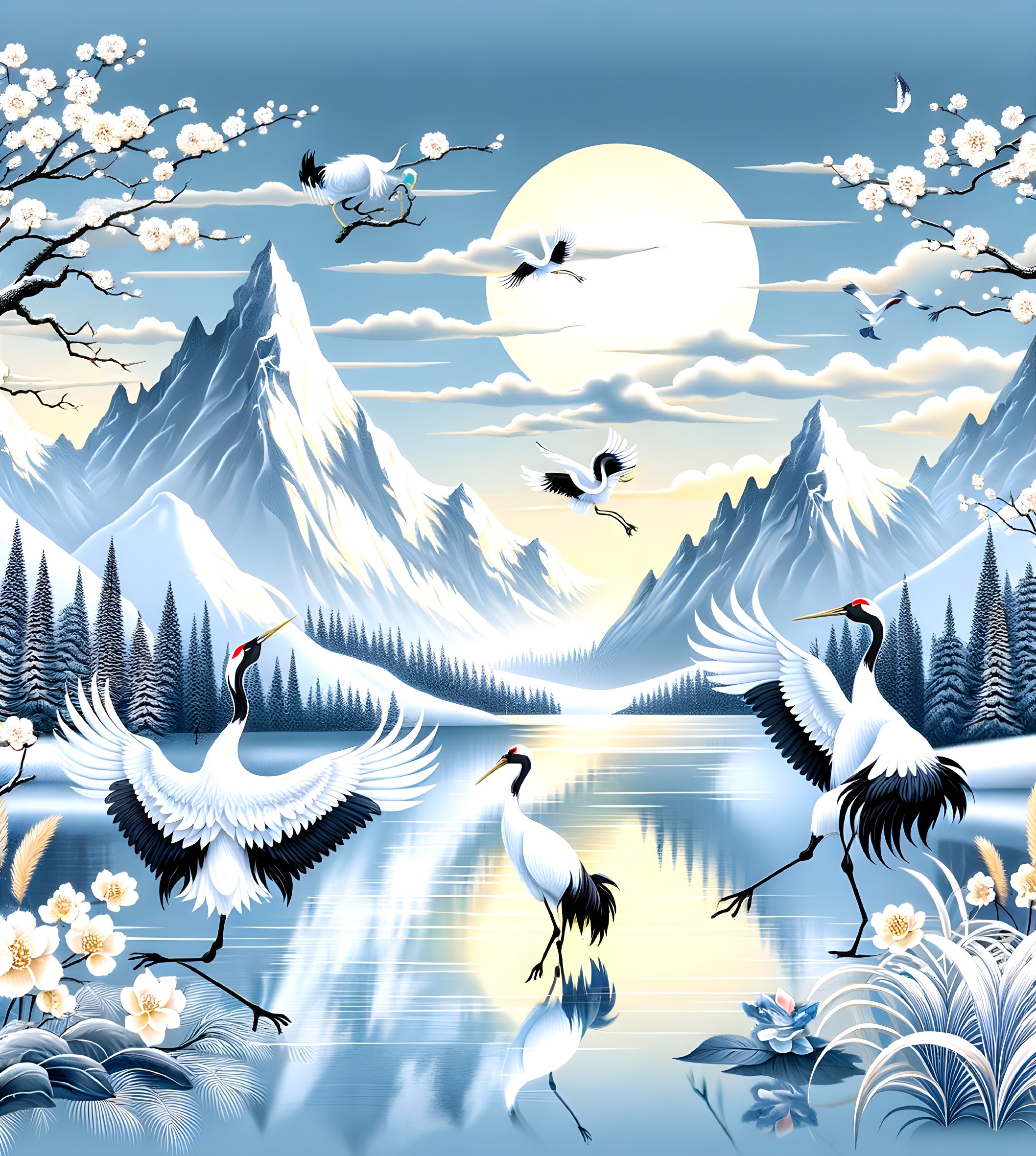 Serene Landscape with Cranes and Cherry Blossoms