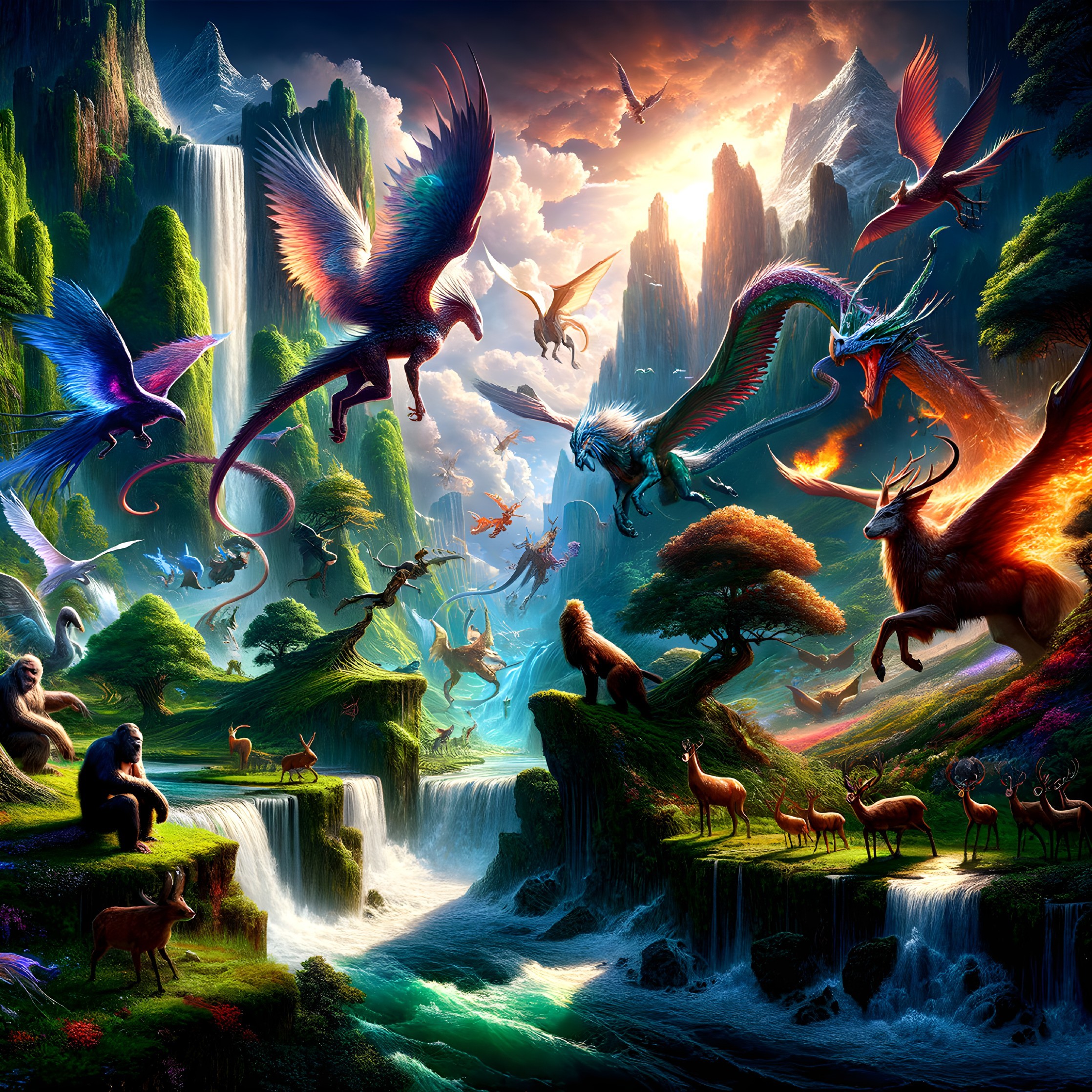 Vibrant Fantasy Scene with Waterfalls and Mythical Creatures