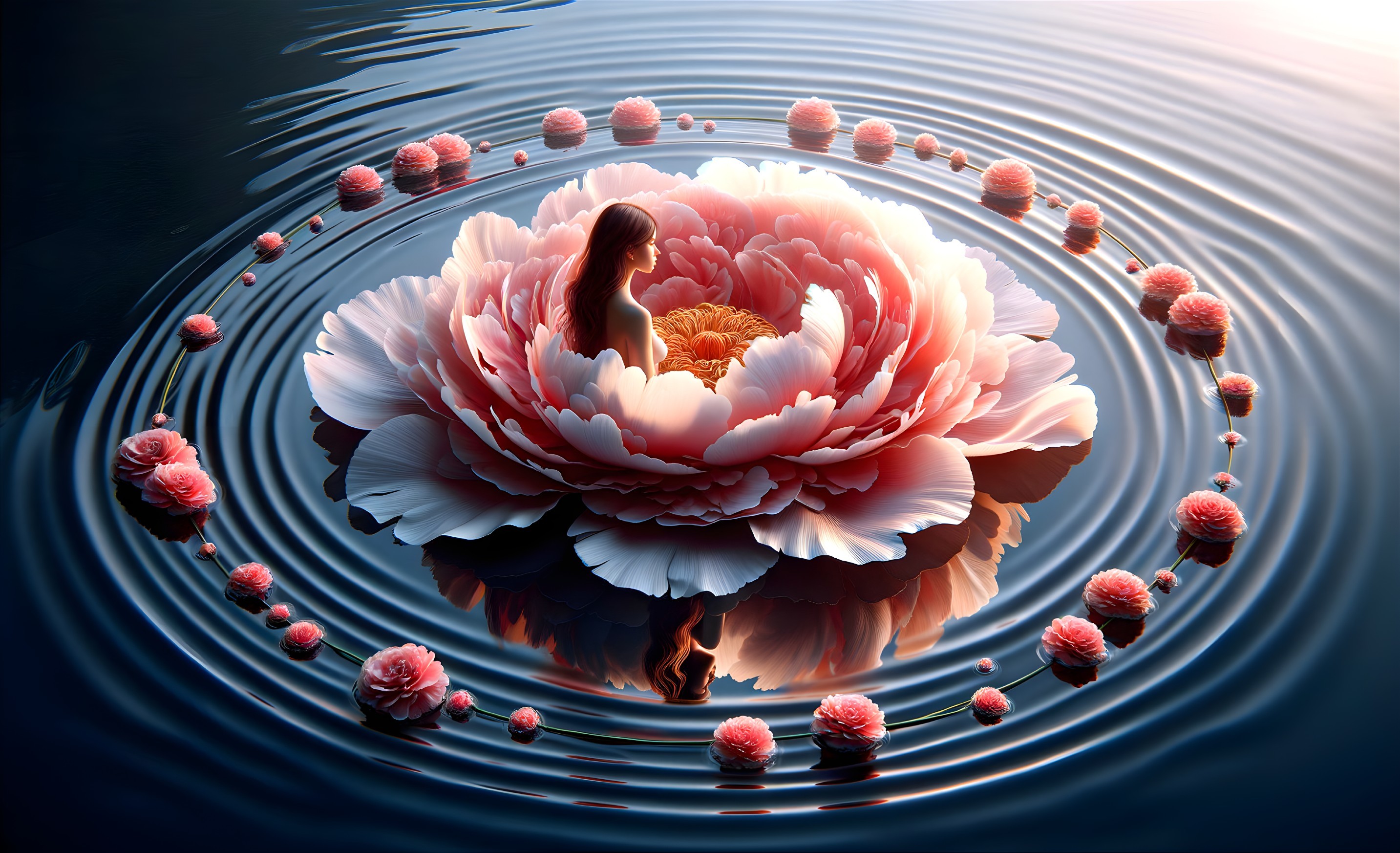 Blooming Peony in Tranquil Waters with Soft Sunlight