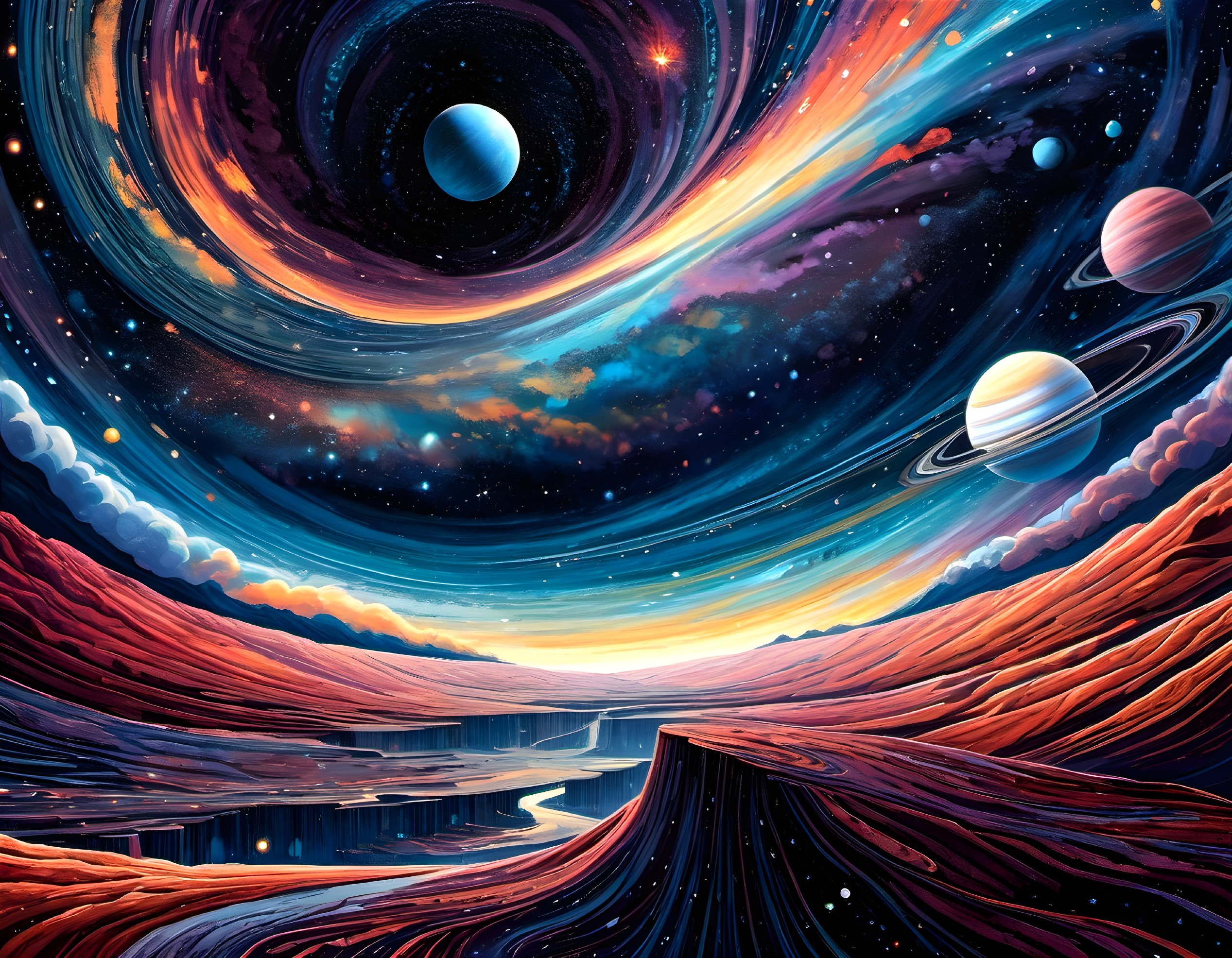 Vibrant Cosmic Landscape with Galaxies and Planets