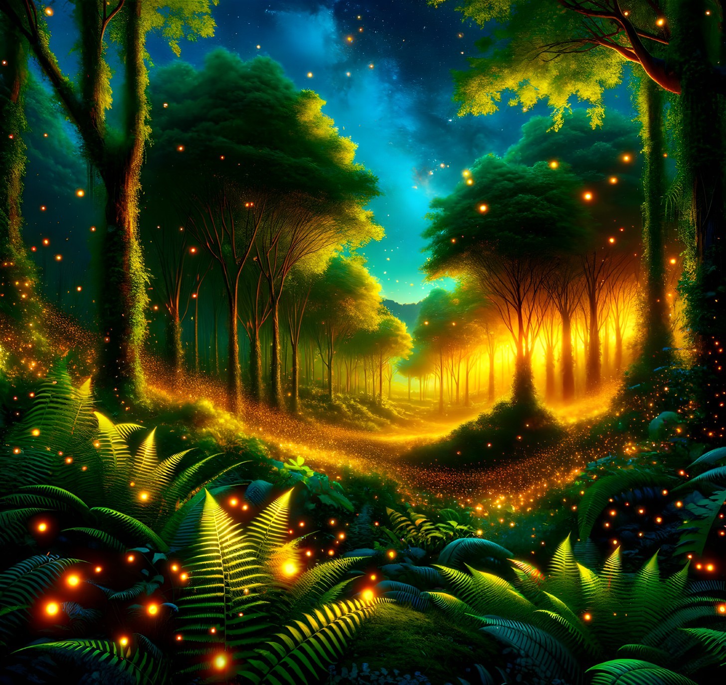 Magical Forest Scene with Golden Light and Glowing Orbs