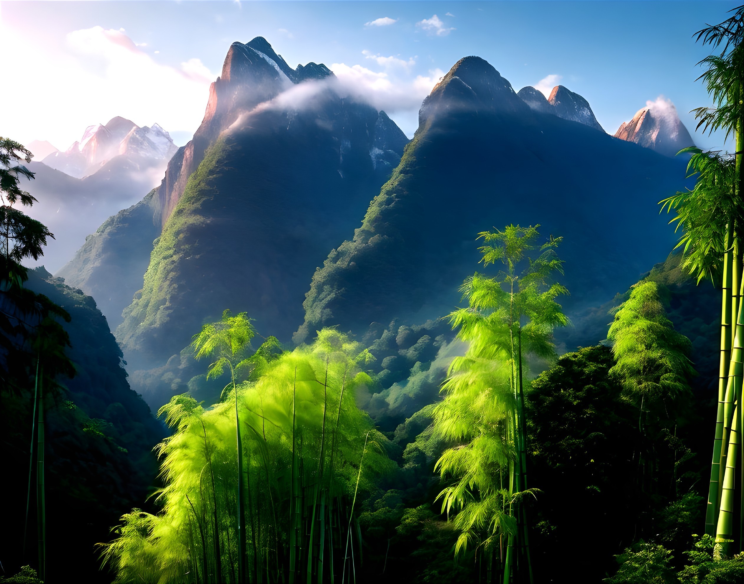 Bamboo Shoots Frame Misty Mountain Landscape