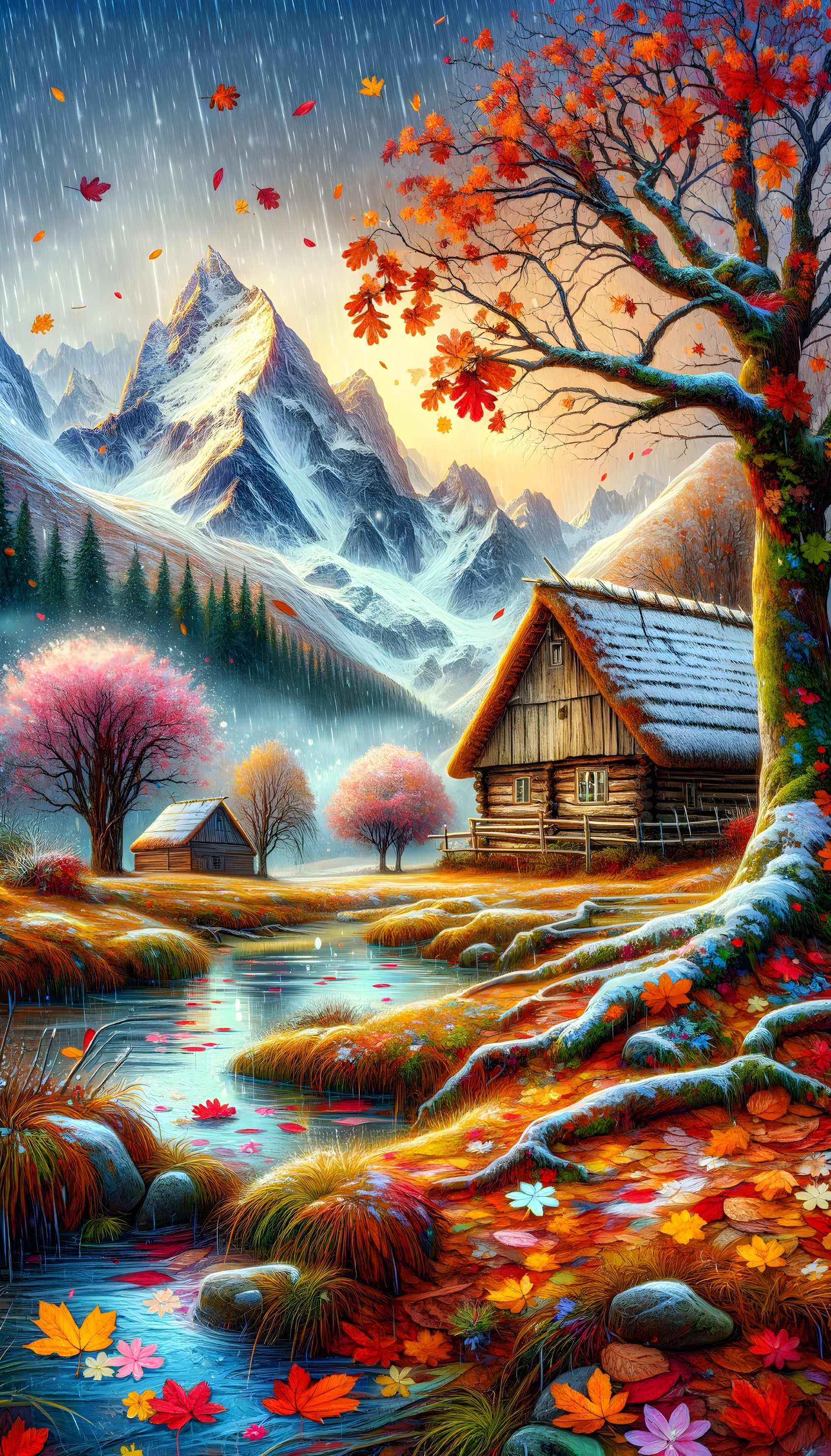 Autumn Landscape with Cabin and Flowing Stream