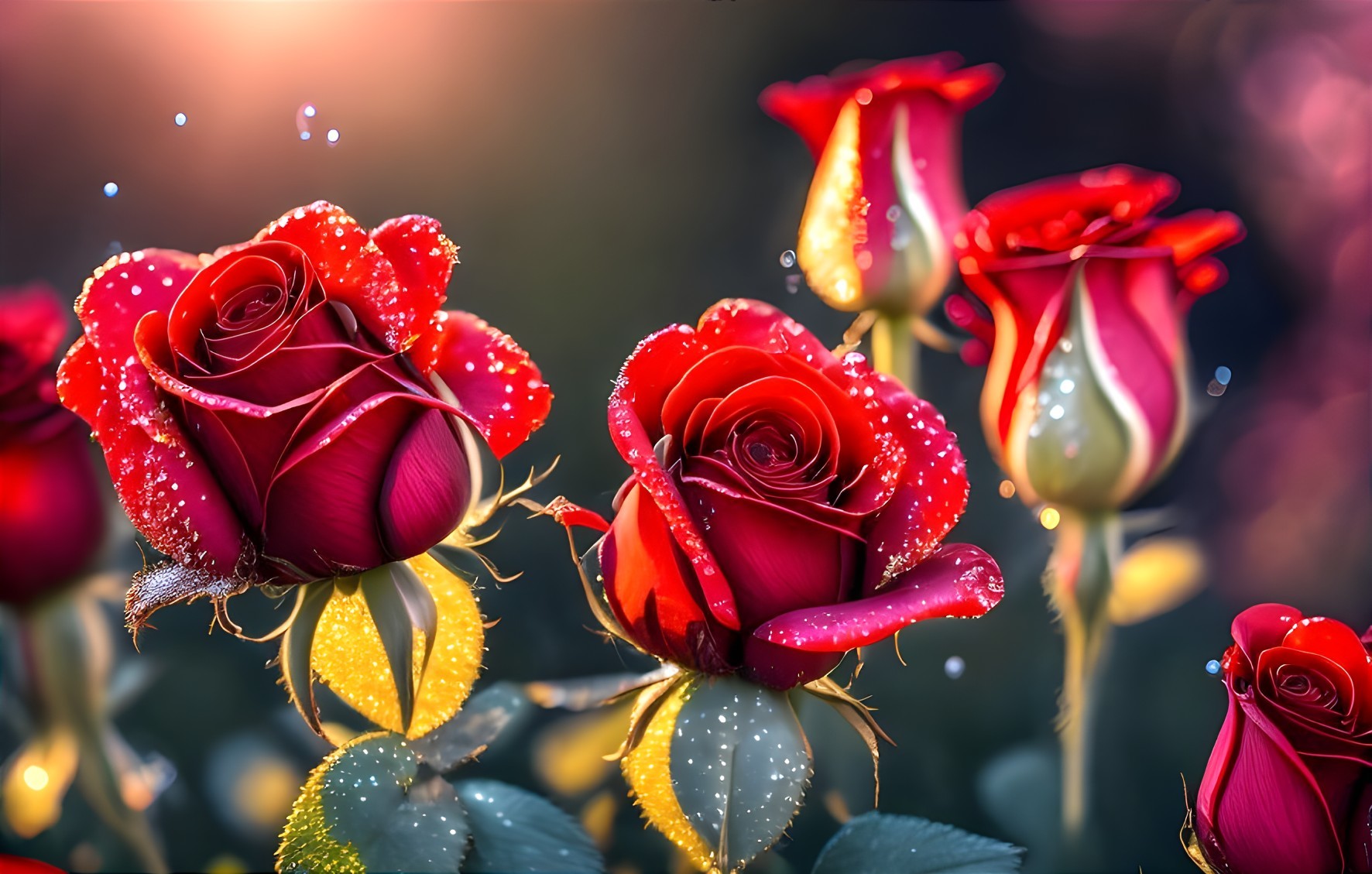 Vibrant Red Roses with Dew on Green Leaves