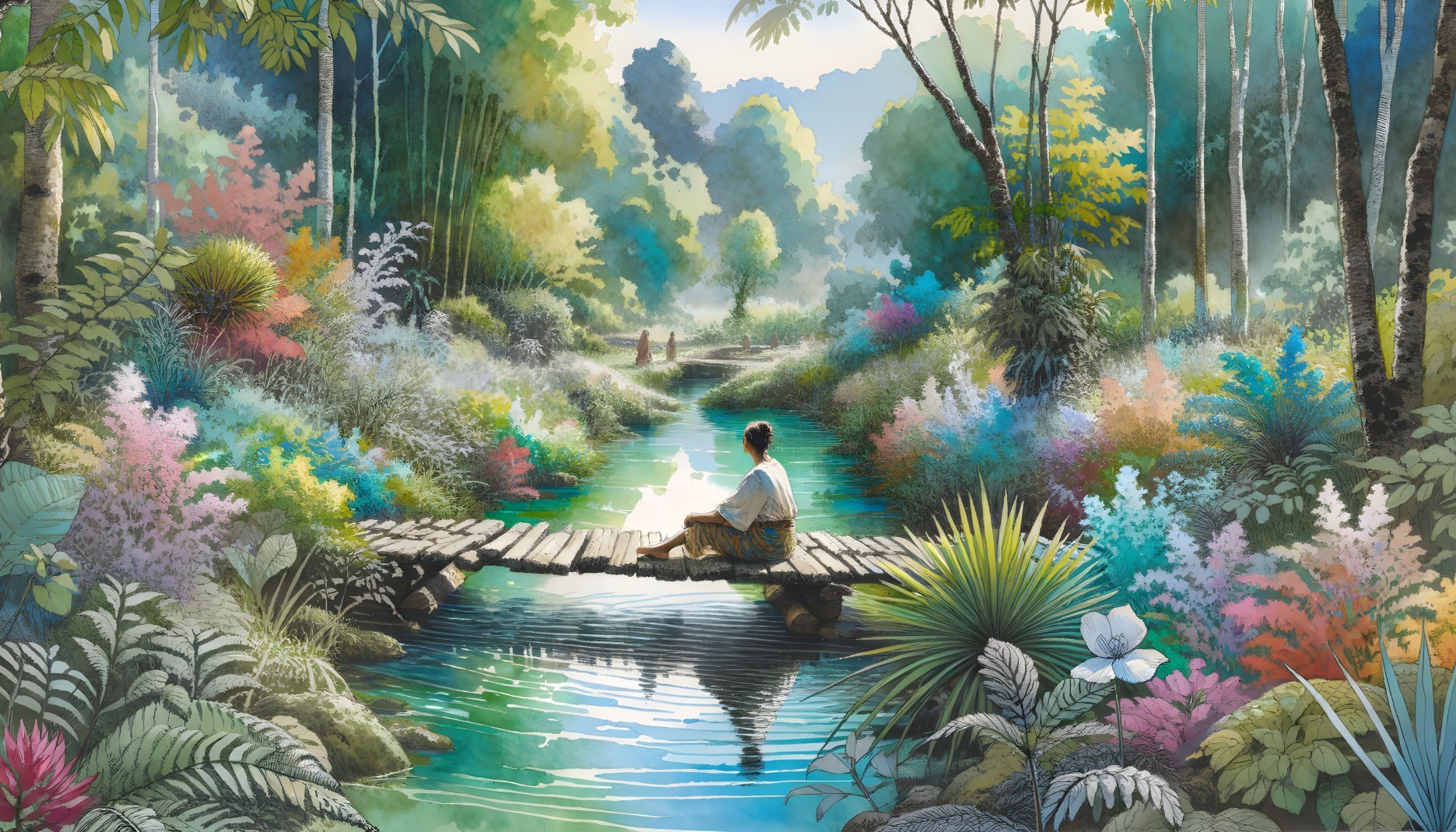 Colorful Landscape with Person on Wooden Bridge Amid Greenery