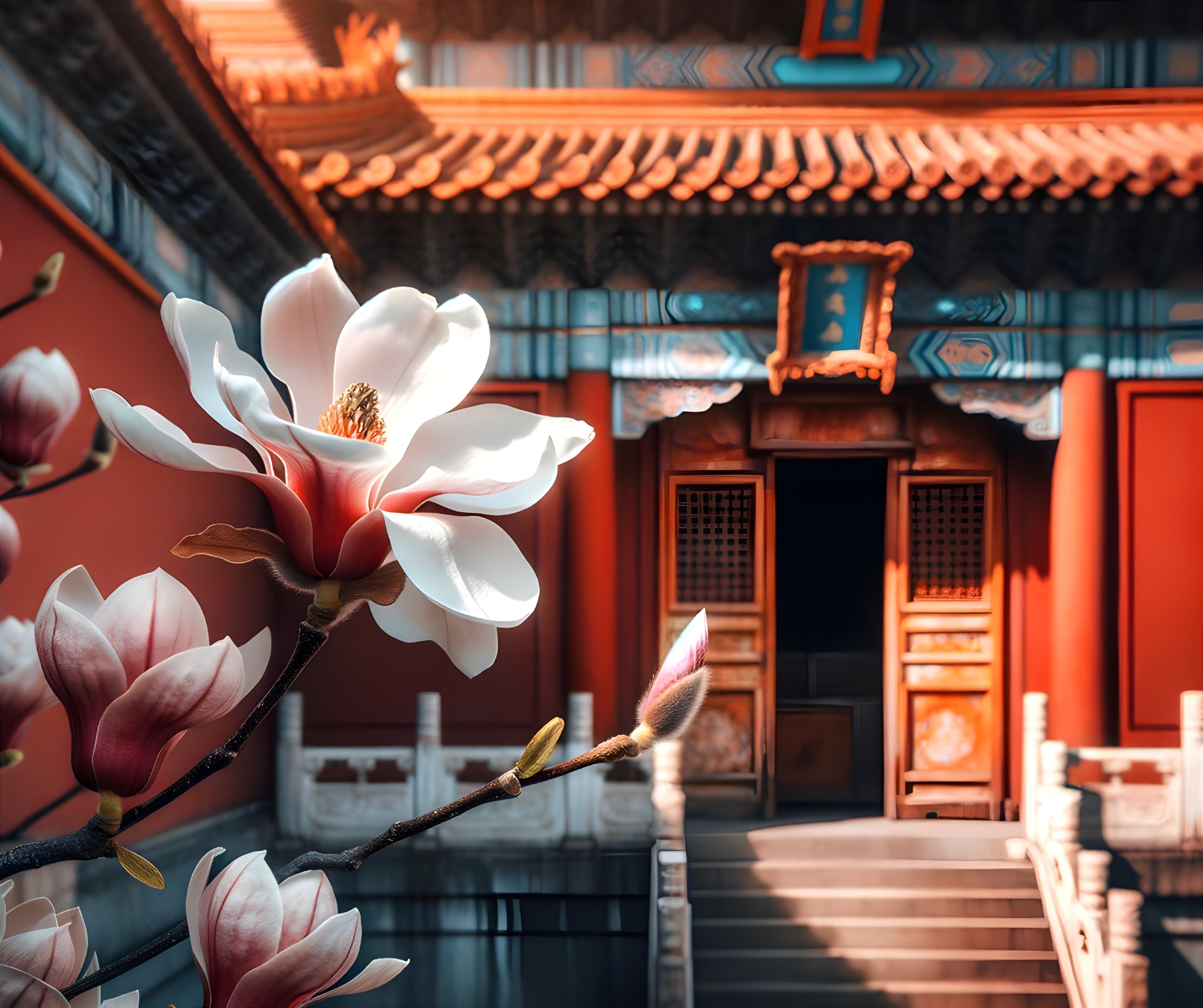 Magnolia Flowers Blooming with Traditional Architecture