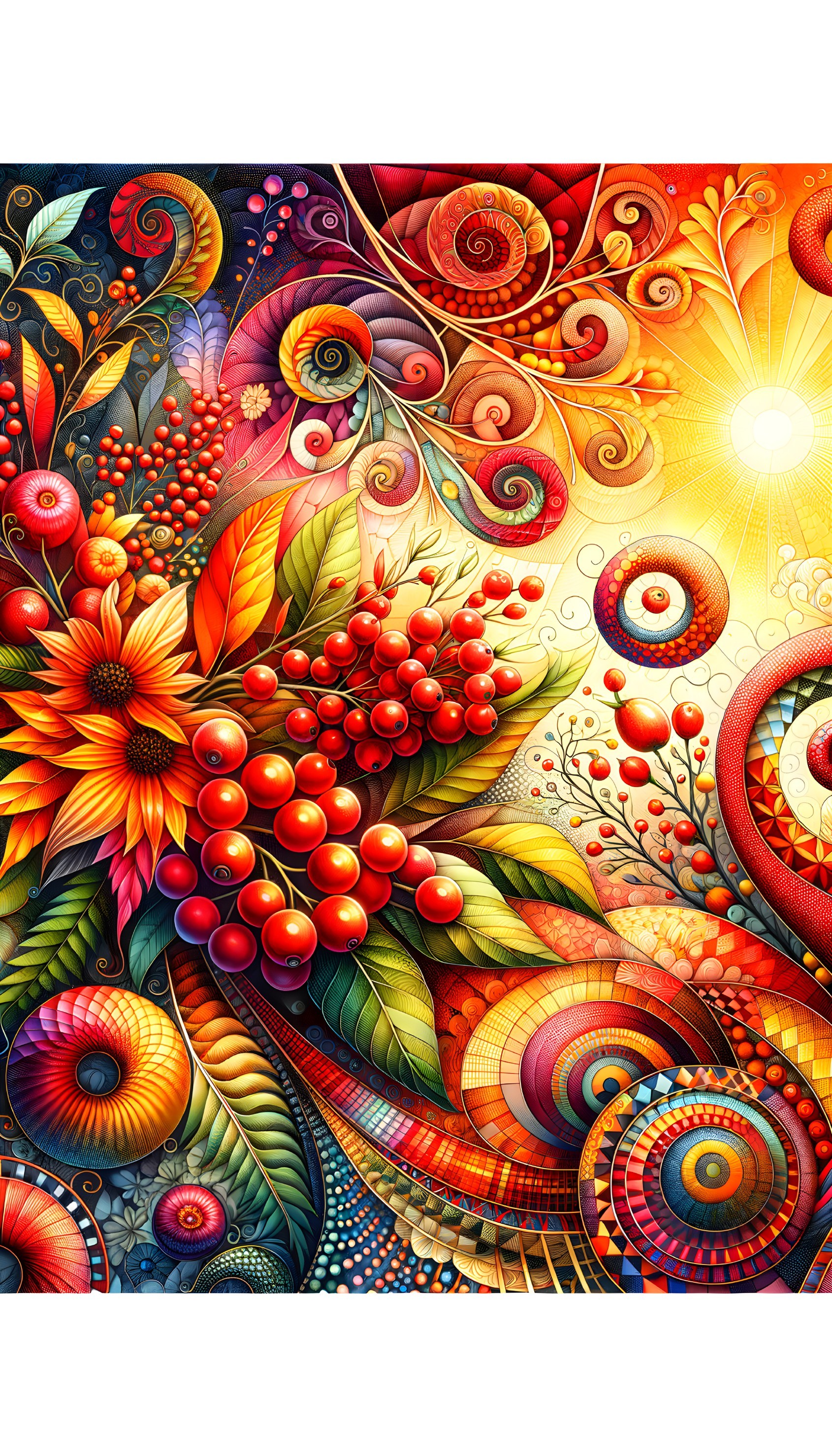 Vibrant Intricate Design with Flowers and Swirling Shapes