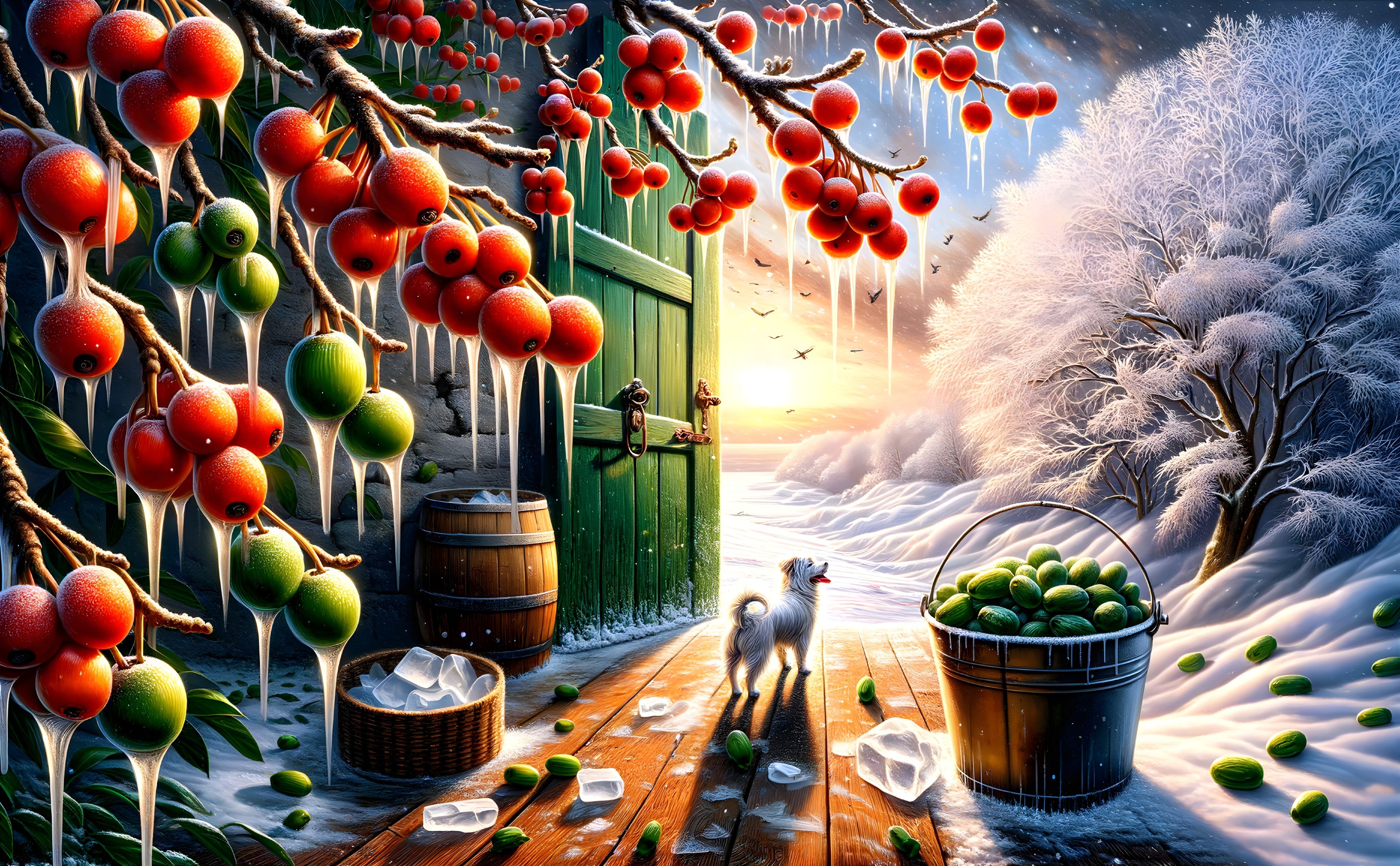 Winter Scene with Fruits, Snow, and Frosty Trees