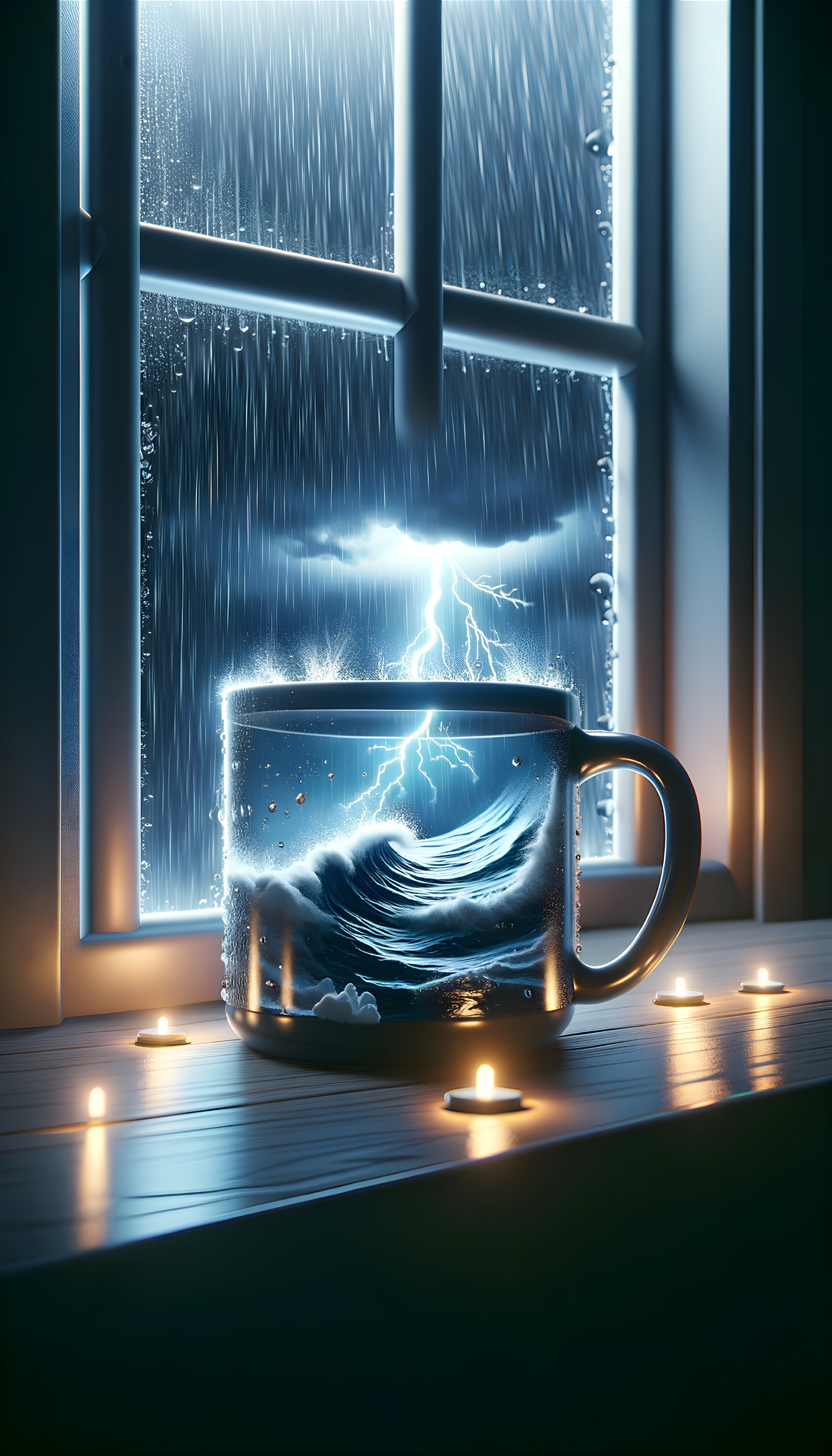 Mug with Stormy Sea Scene on Window Sill