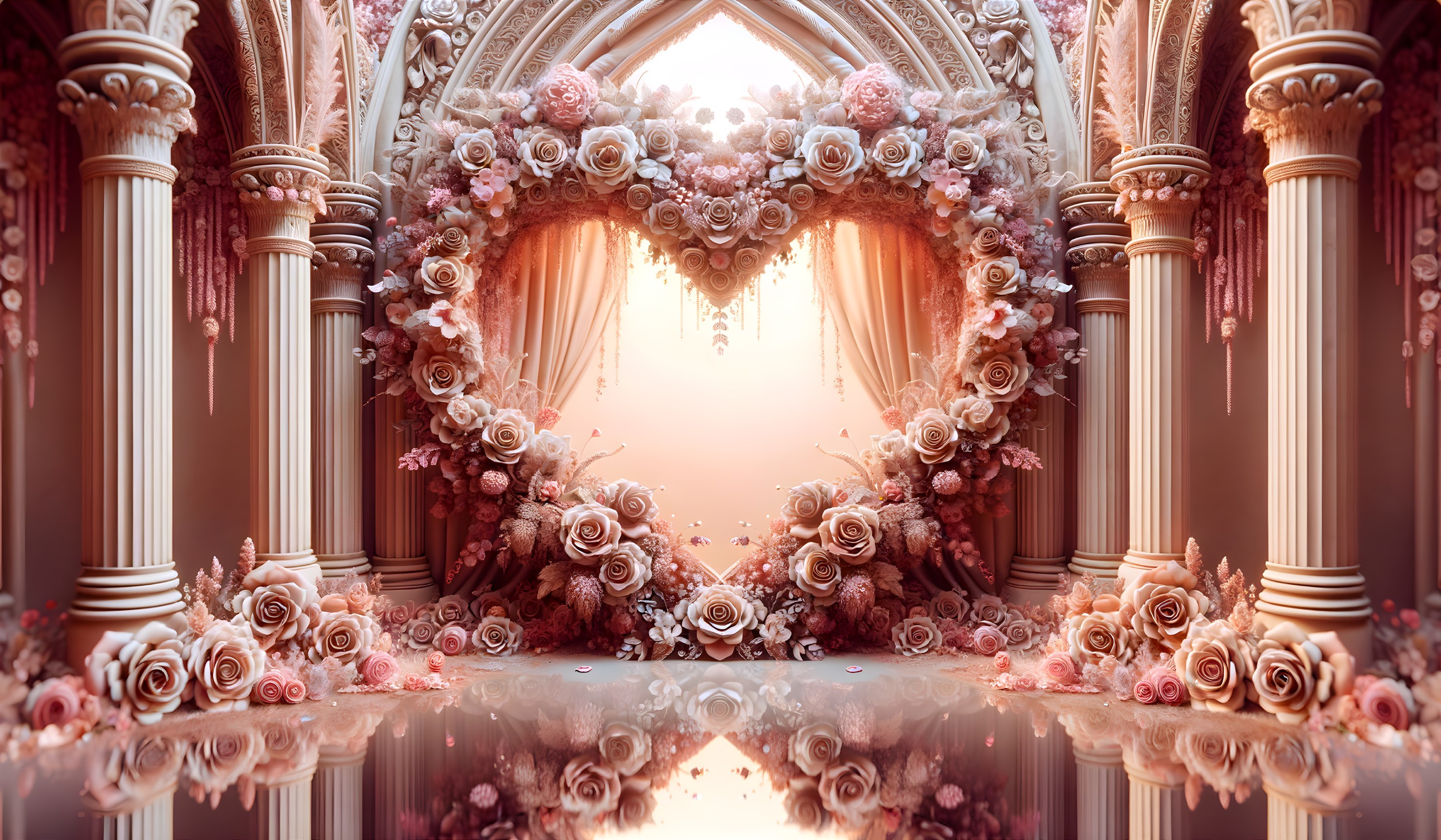 Ornate Heart-Shaped Archway with Blooming Roses