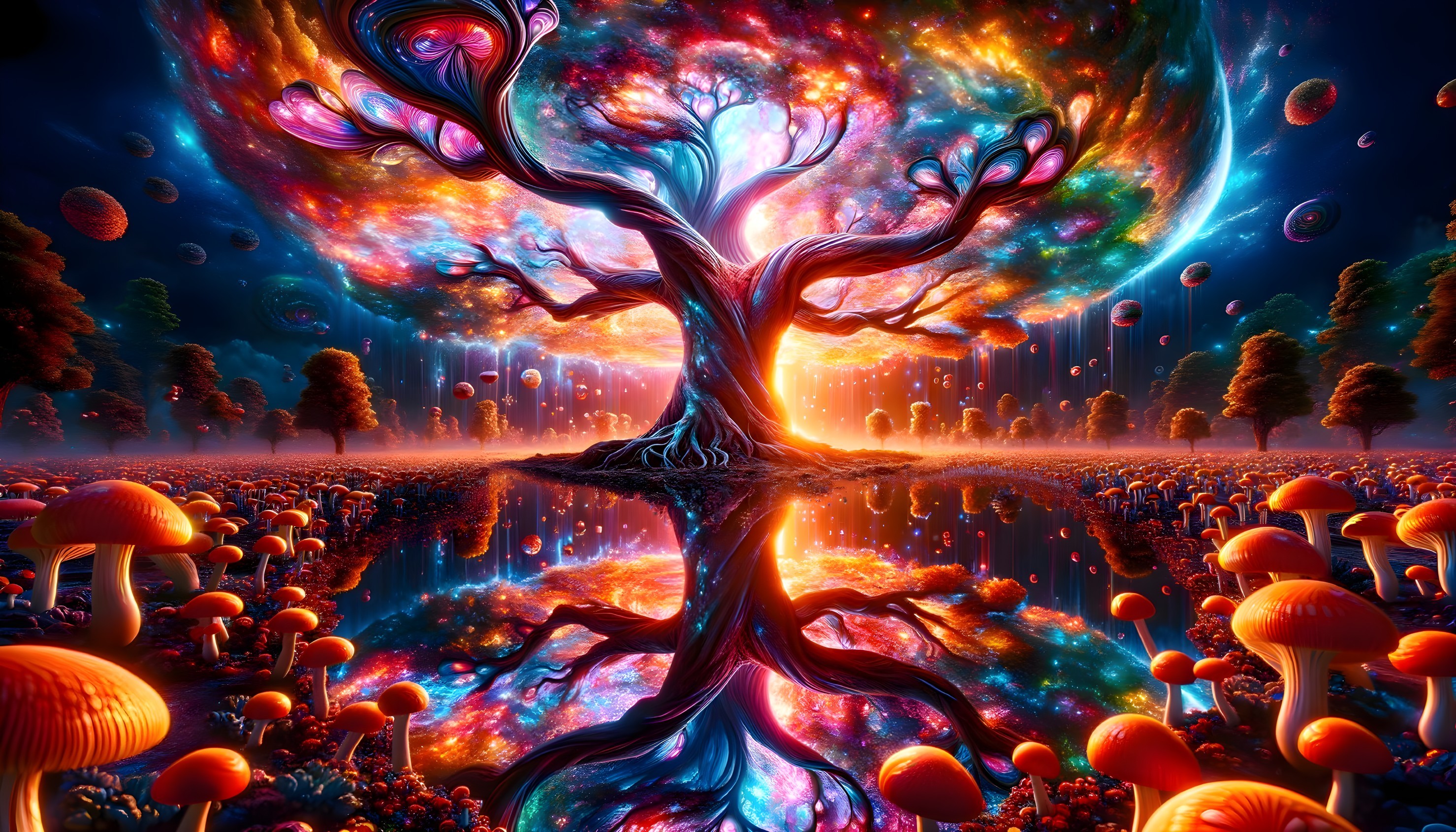 Surreal landscape with cosmic sky, reflective water, intricate tree, colorful mushrooms
