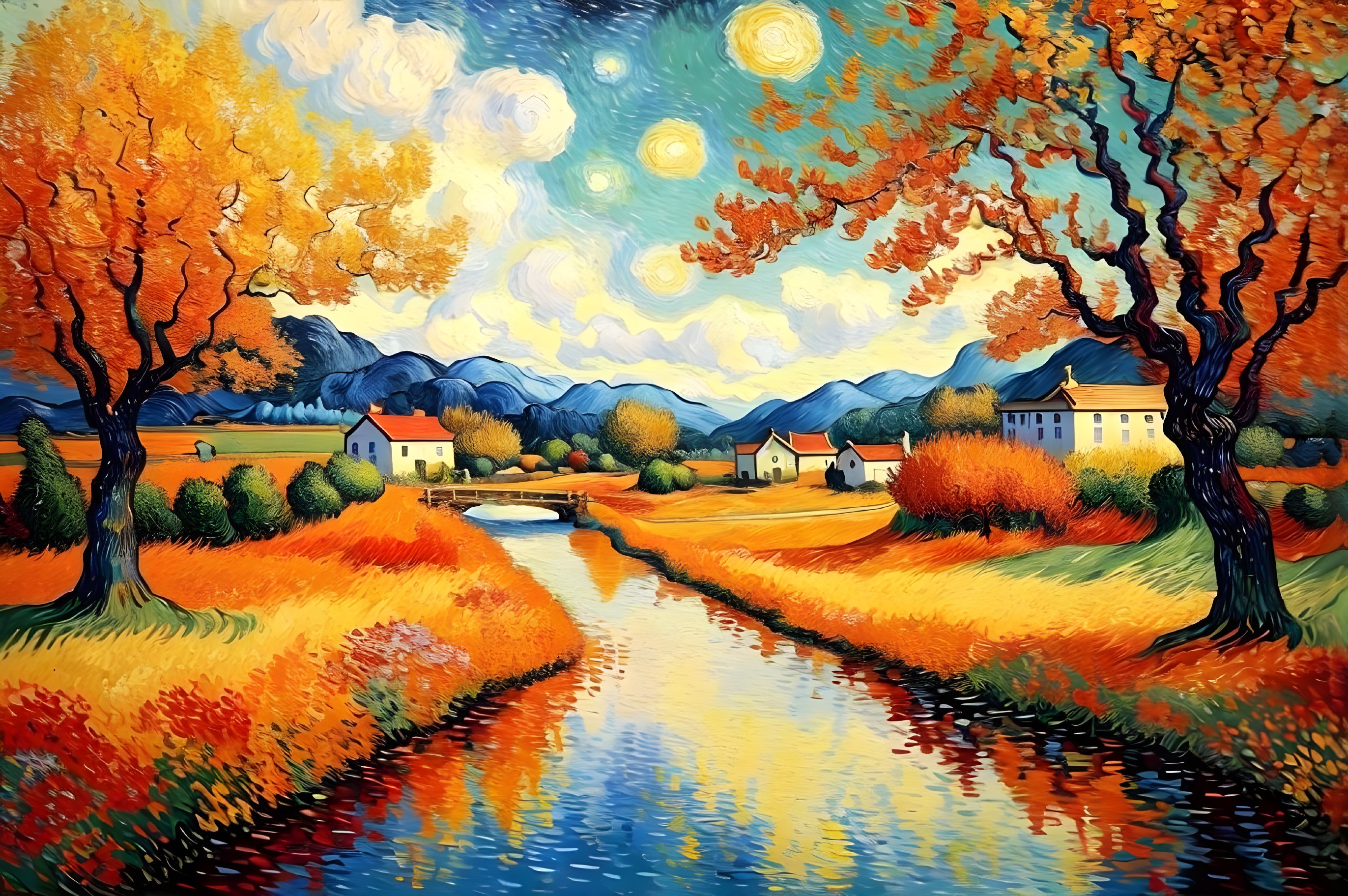 Colorful Van Gogh-style landscape painting with autumn trees, river, houses, and mountains.