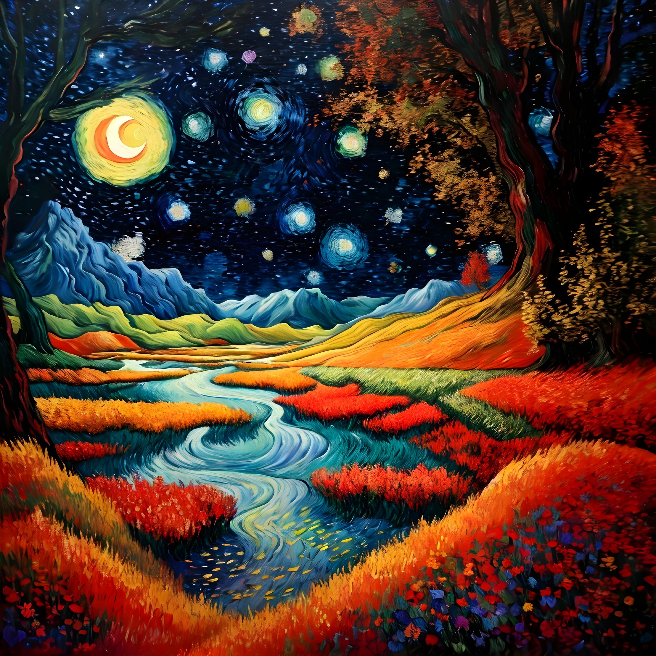 Night Landscape Painting with Starry Sky, River, and Colorful Foliage
