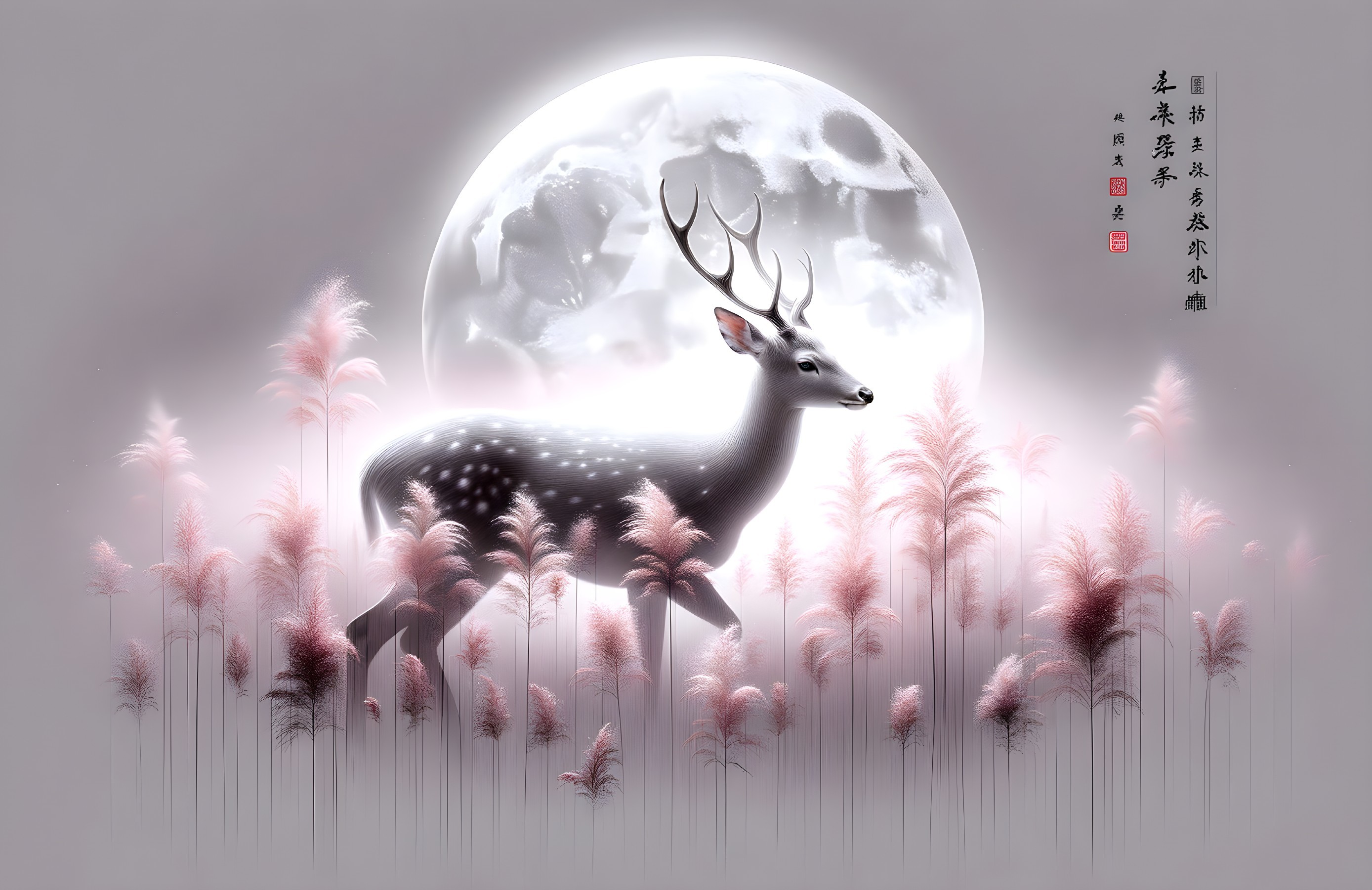 Moonlit Deer in Pink Grass