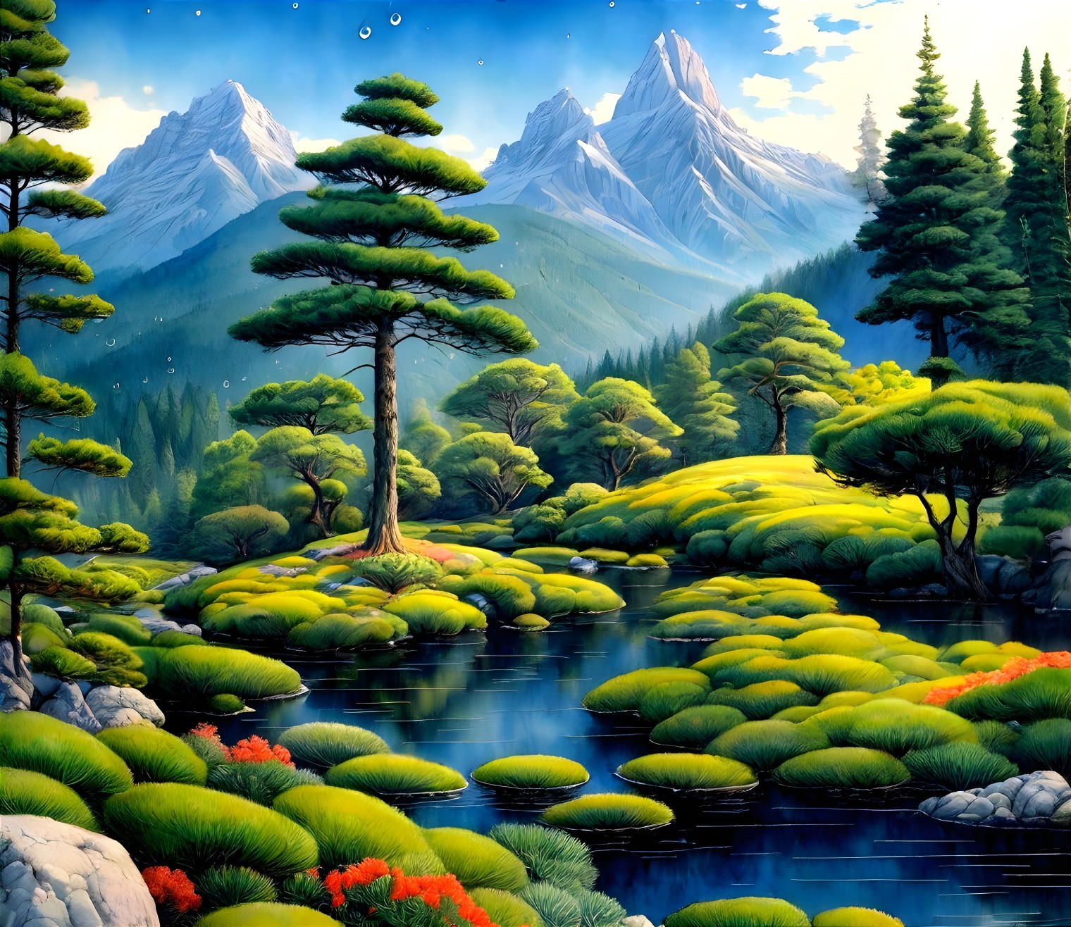 Vibrant landscape painting with lush greenery, blue river, colorful plants, snow-capped mountains