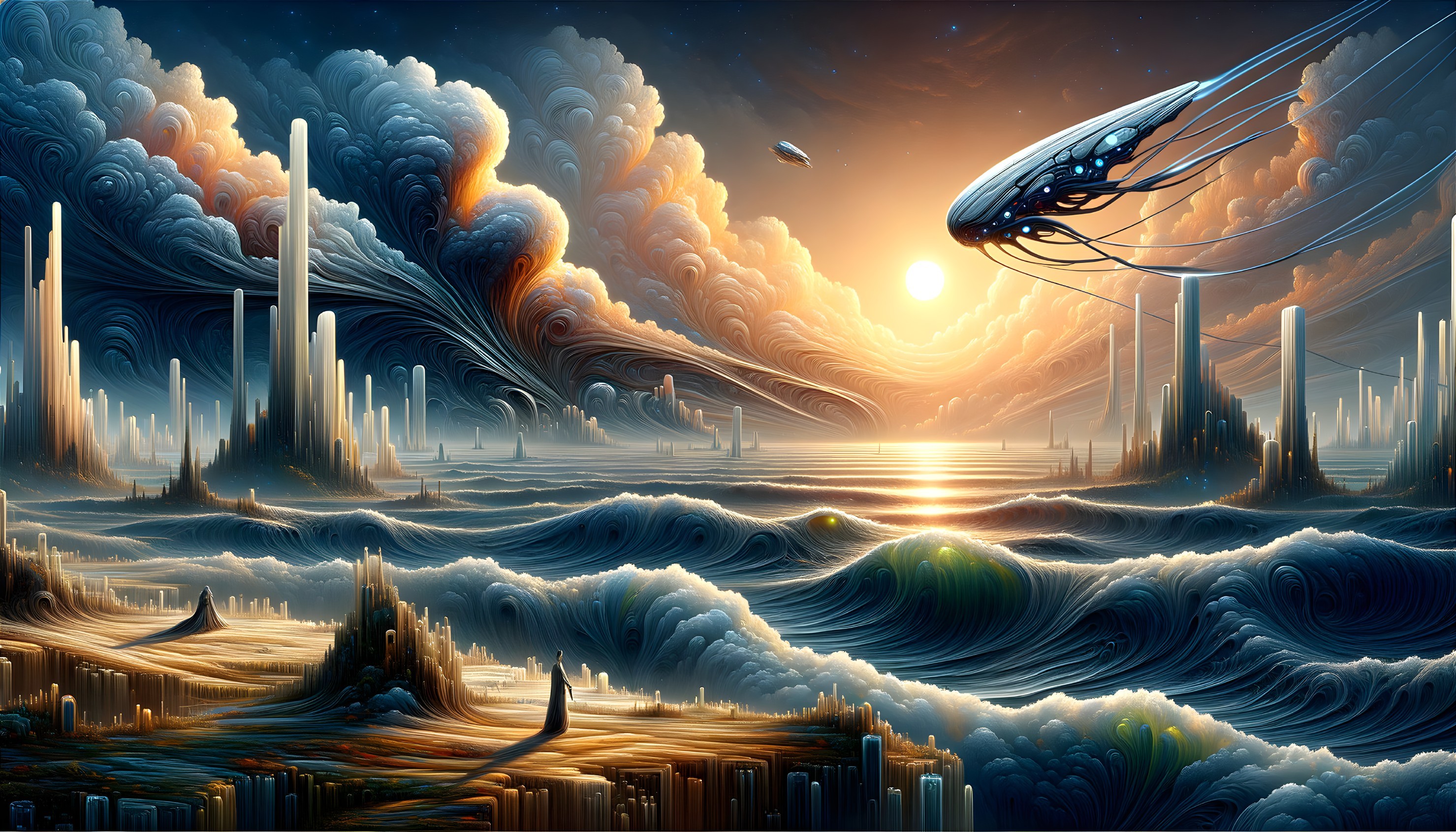 Surreal Landscape with Crystalline Structures and Waves