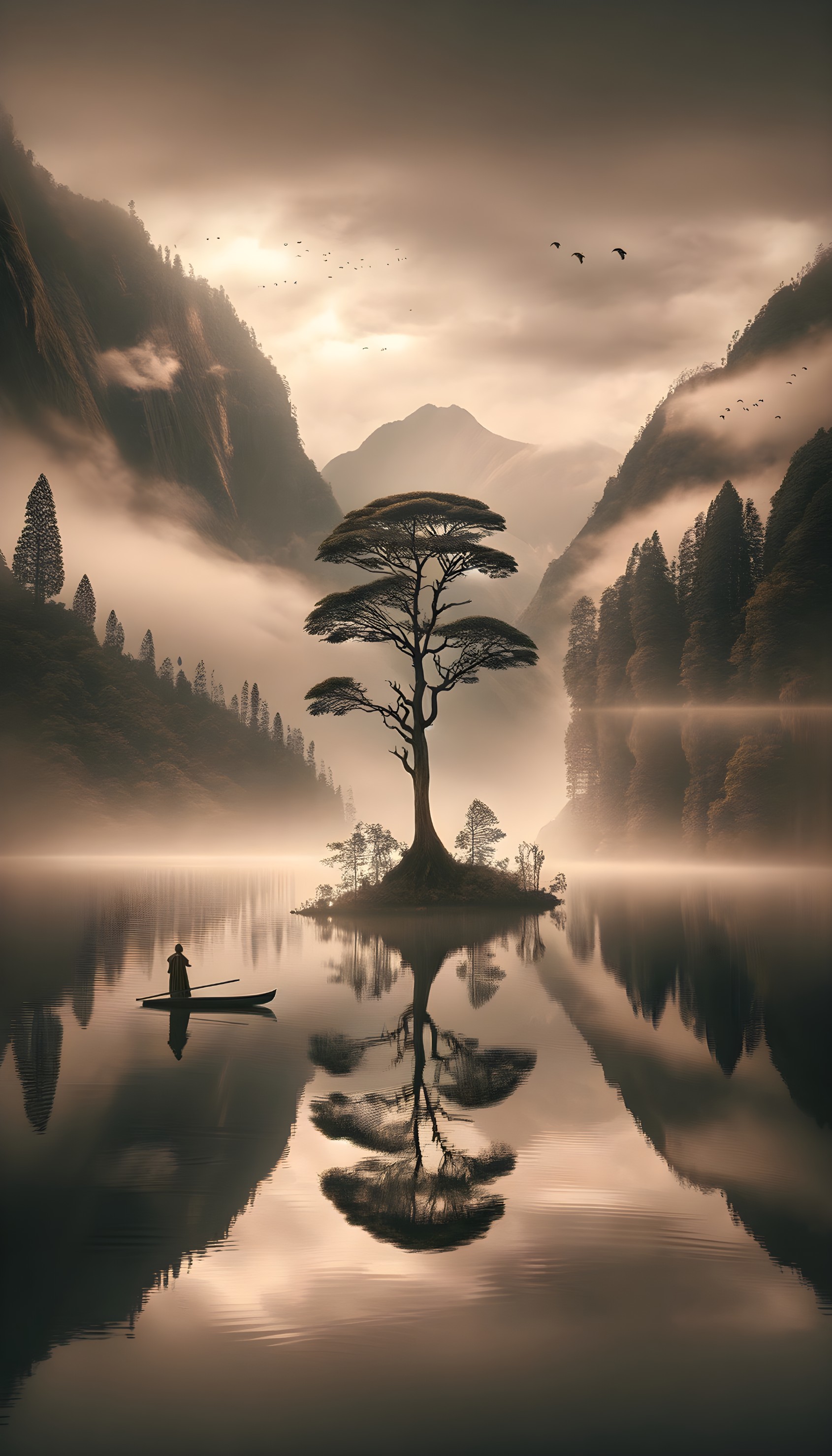 Solitary Tree on Misty Lake with Majestic Mountains