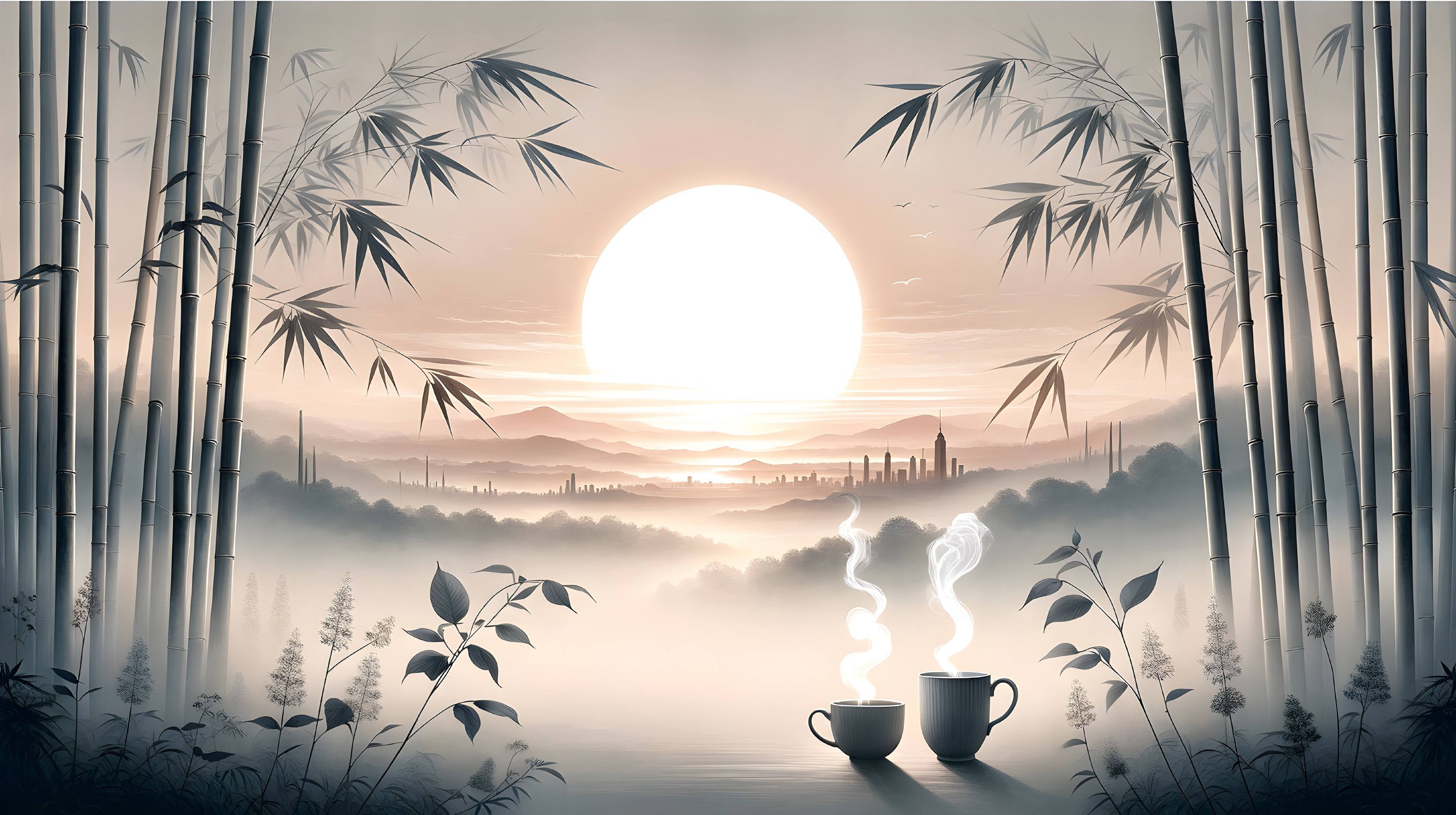 Serene Landscape with Tea Cups and Bamboo Silhouettes