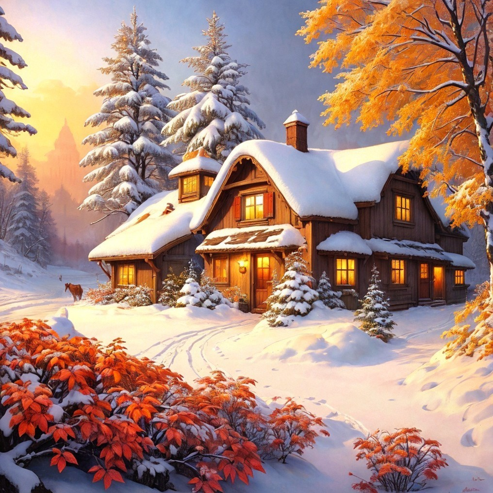Snow-covered cottage in winter landscape with warm light and autumn trees