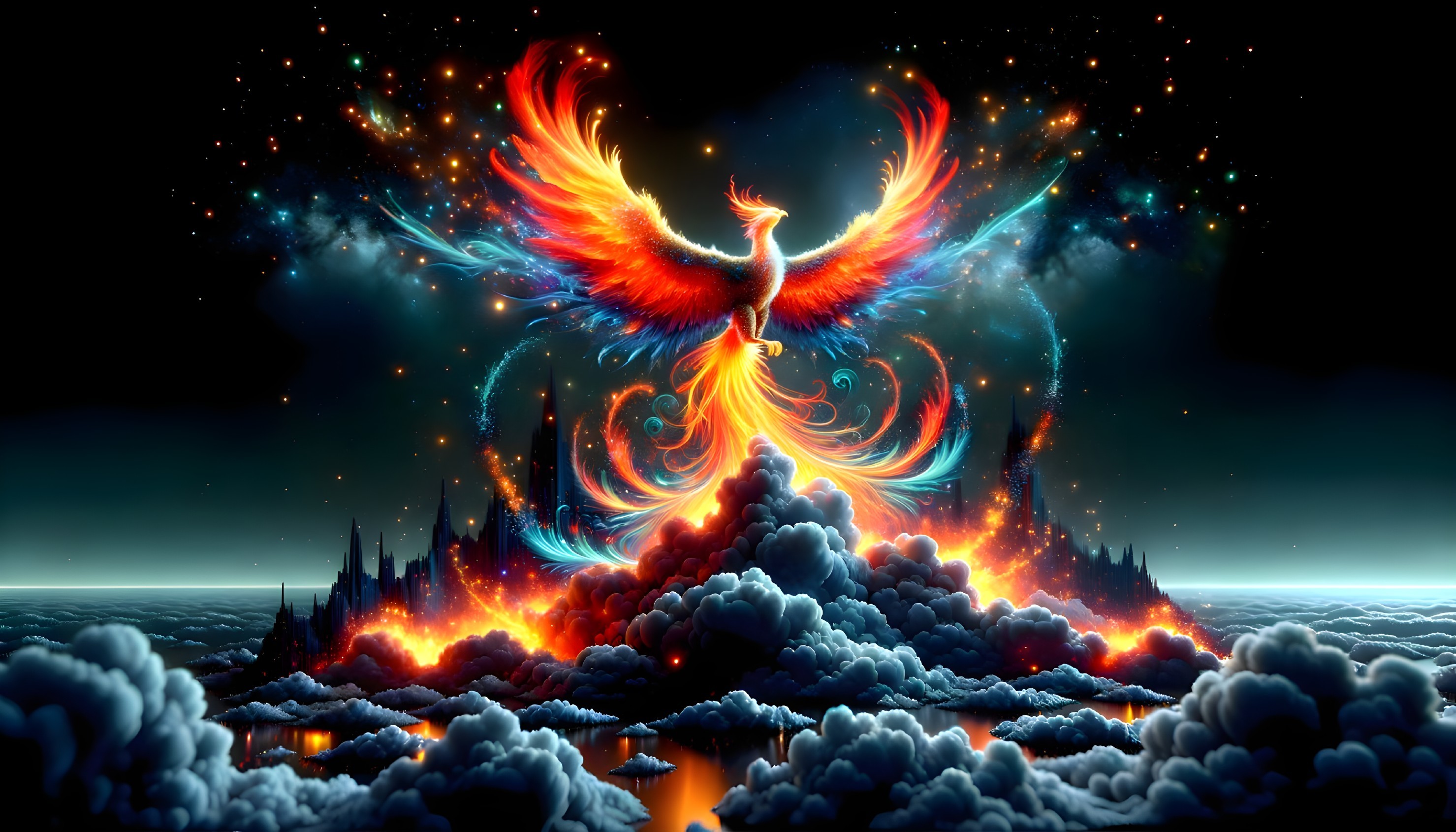 Majestic phoenix in flames against starry sky