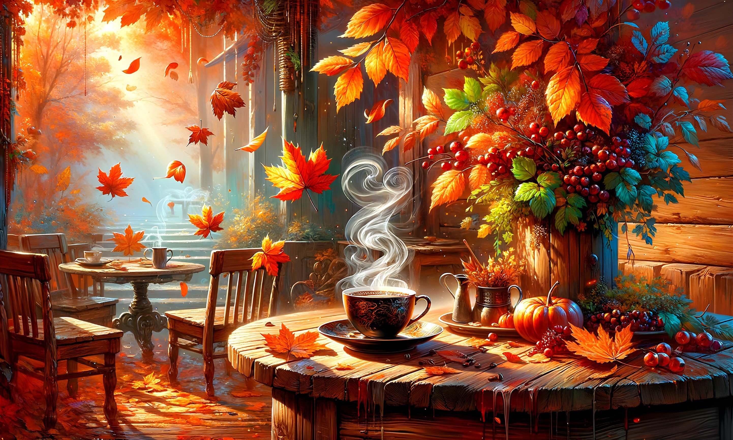 Cozy Autumn Scene with Coffee and Colorful Leaves