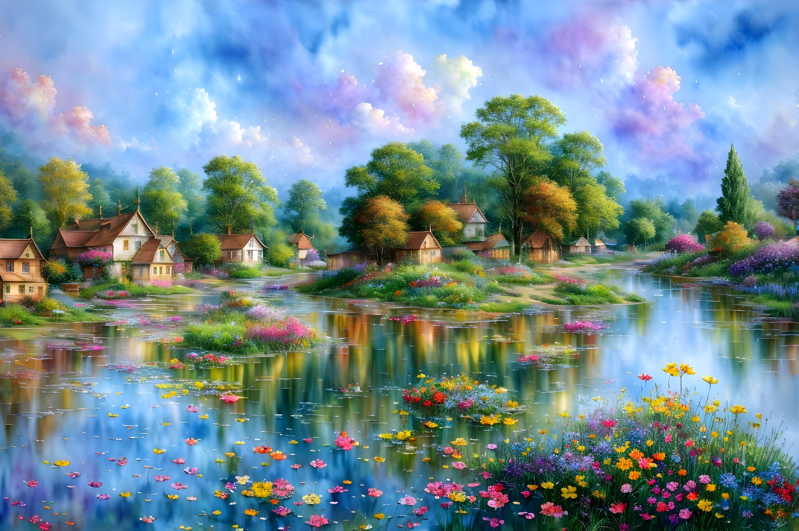 Picturesque village by serene river and colorful flora under pastel sky