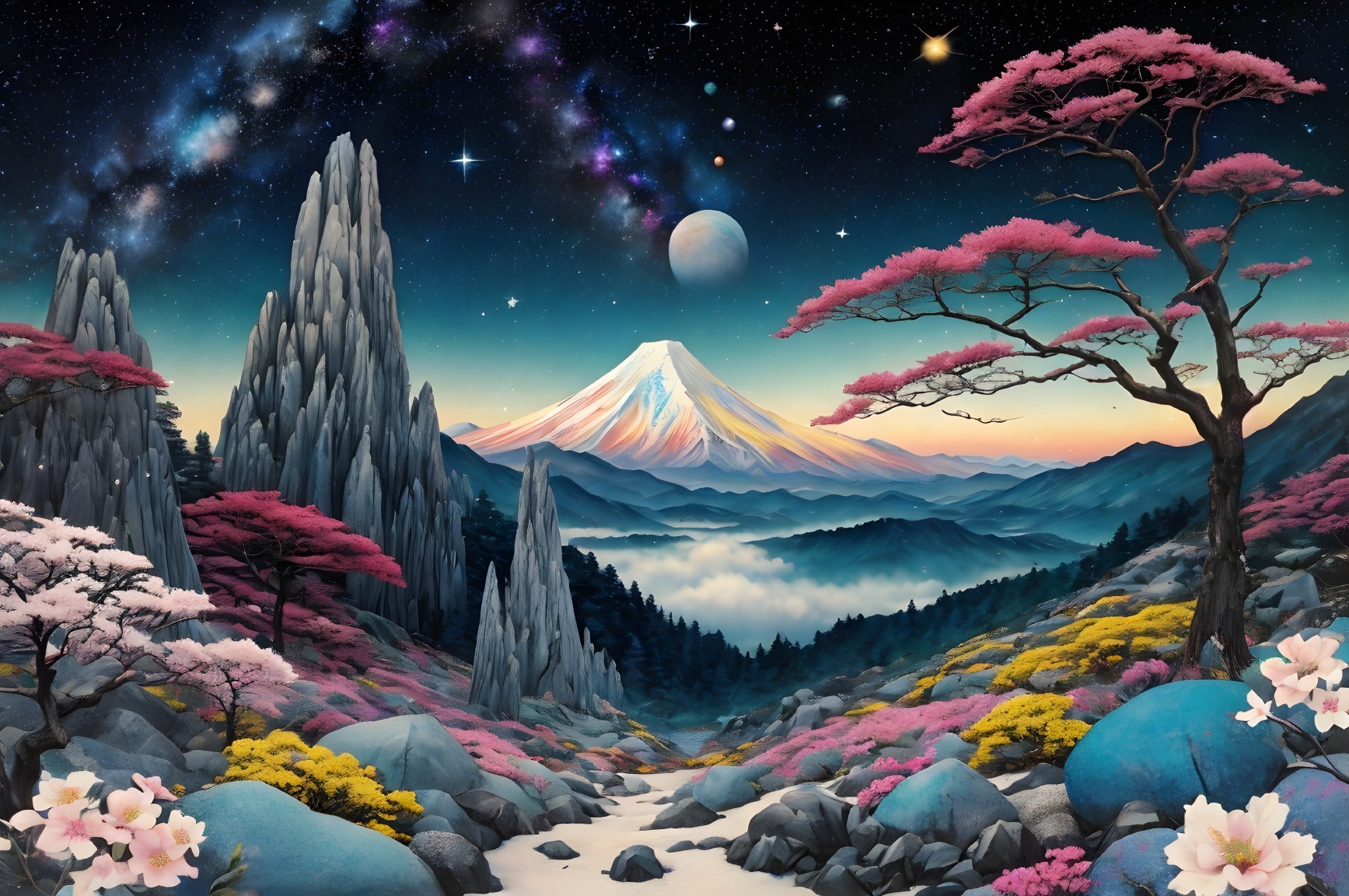 Serene landscape with pink cherry blossoms and snow-capped mountain