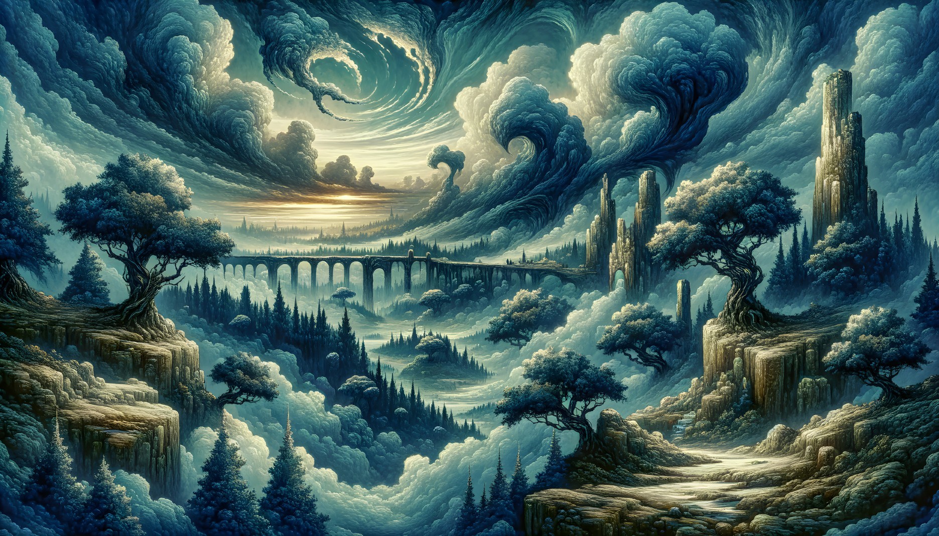 Fantastical landscape with swirling clouds, lush trees, ancient bridge, towering cliffs, twilight sky