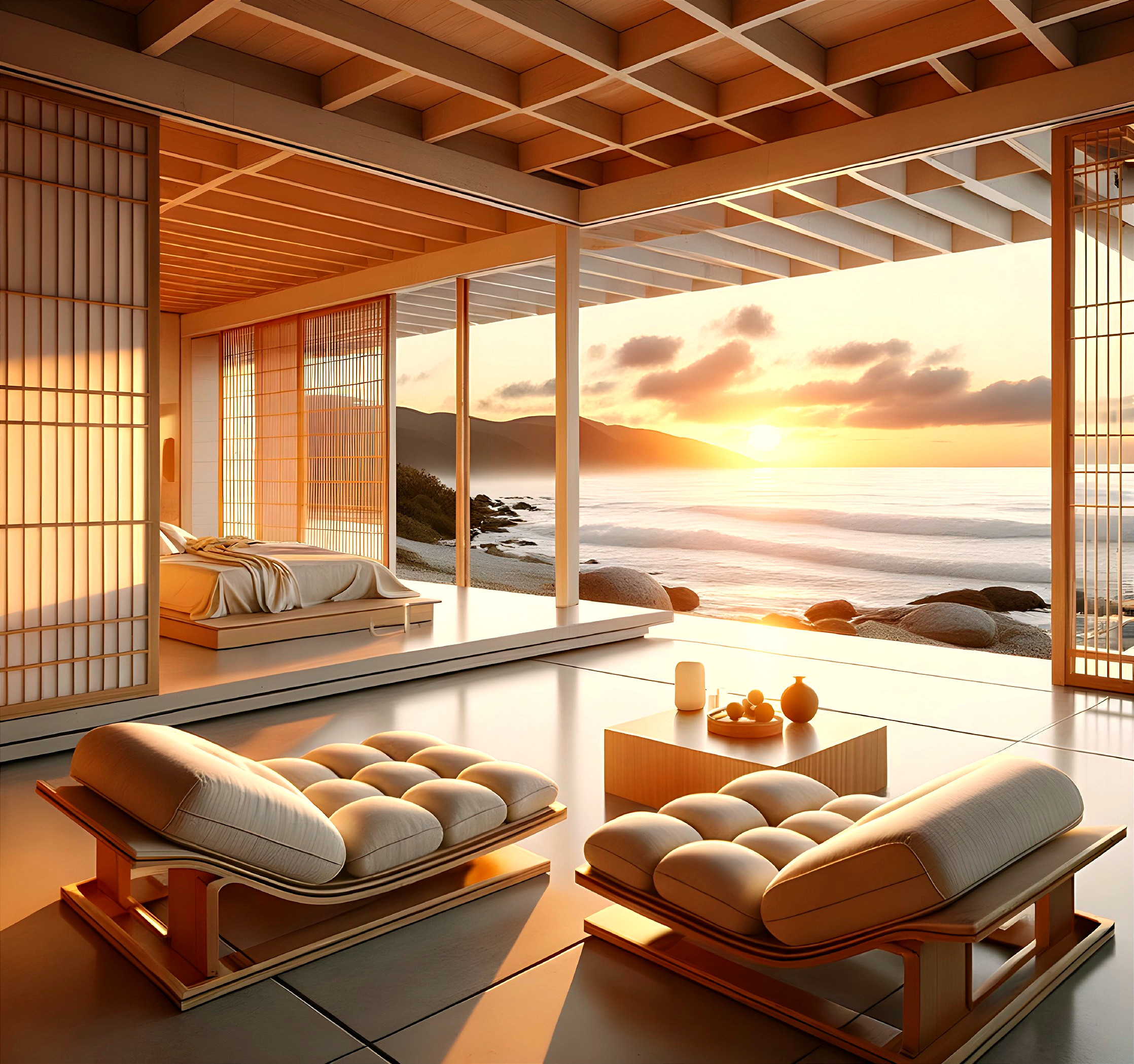 Serene Modern Interior with Ocean Sunset View