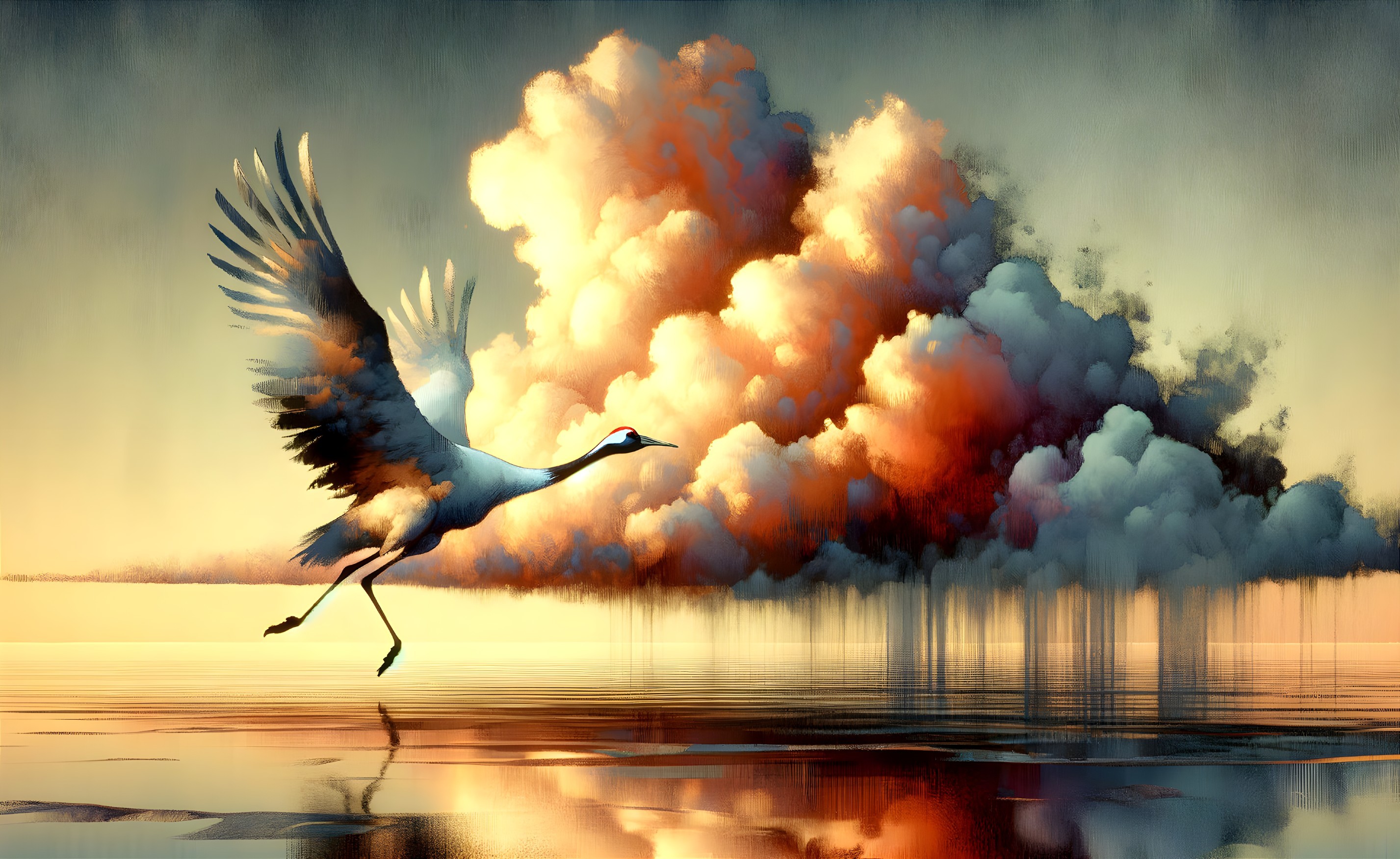 Majestic crane in flight over vibrant sunset clouds