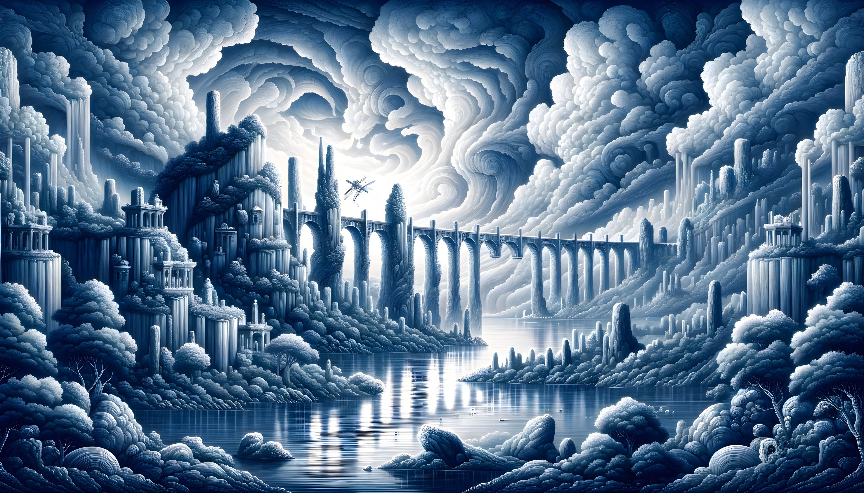 Monochromatic fantasy landscape with clouds, lake, rock formations & bridge