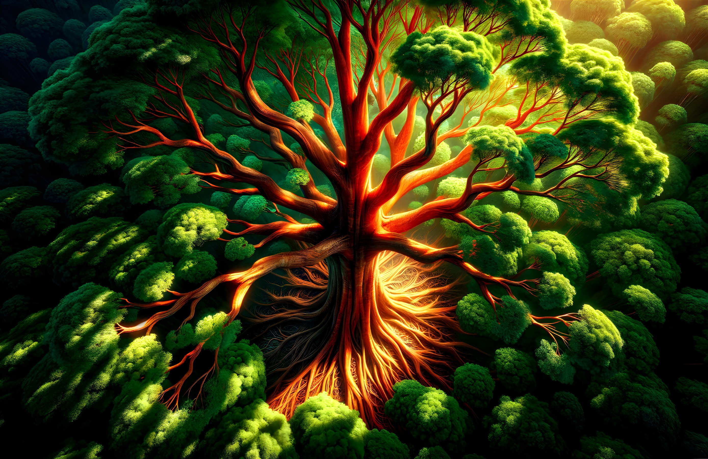 Majestic Tree with Red Branches in Green Forest