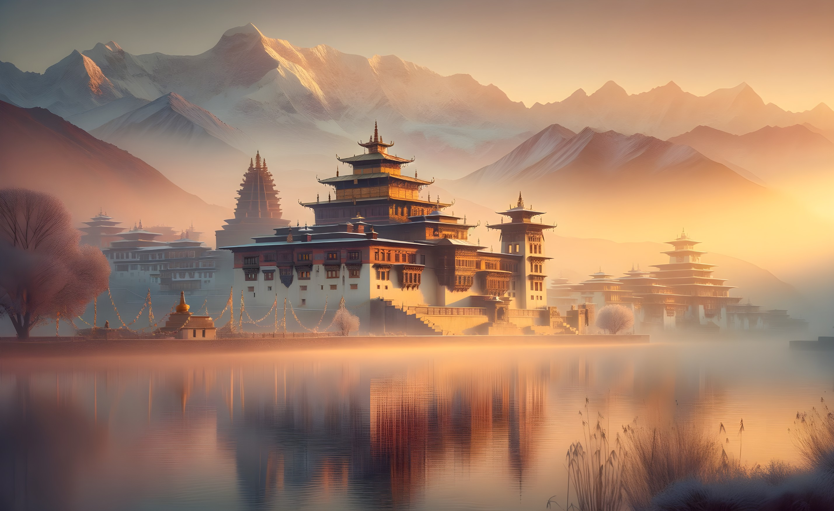Ancient Palace by Serene Lake with Snow-Capped Mountains