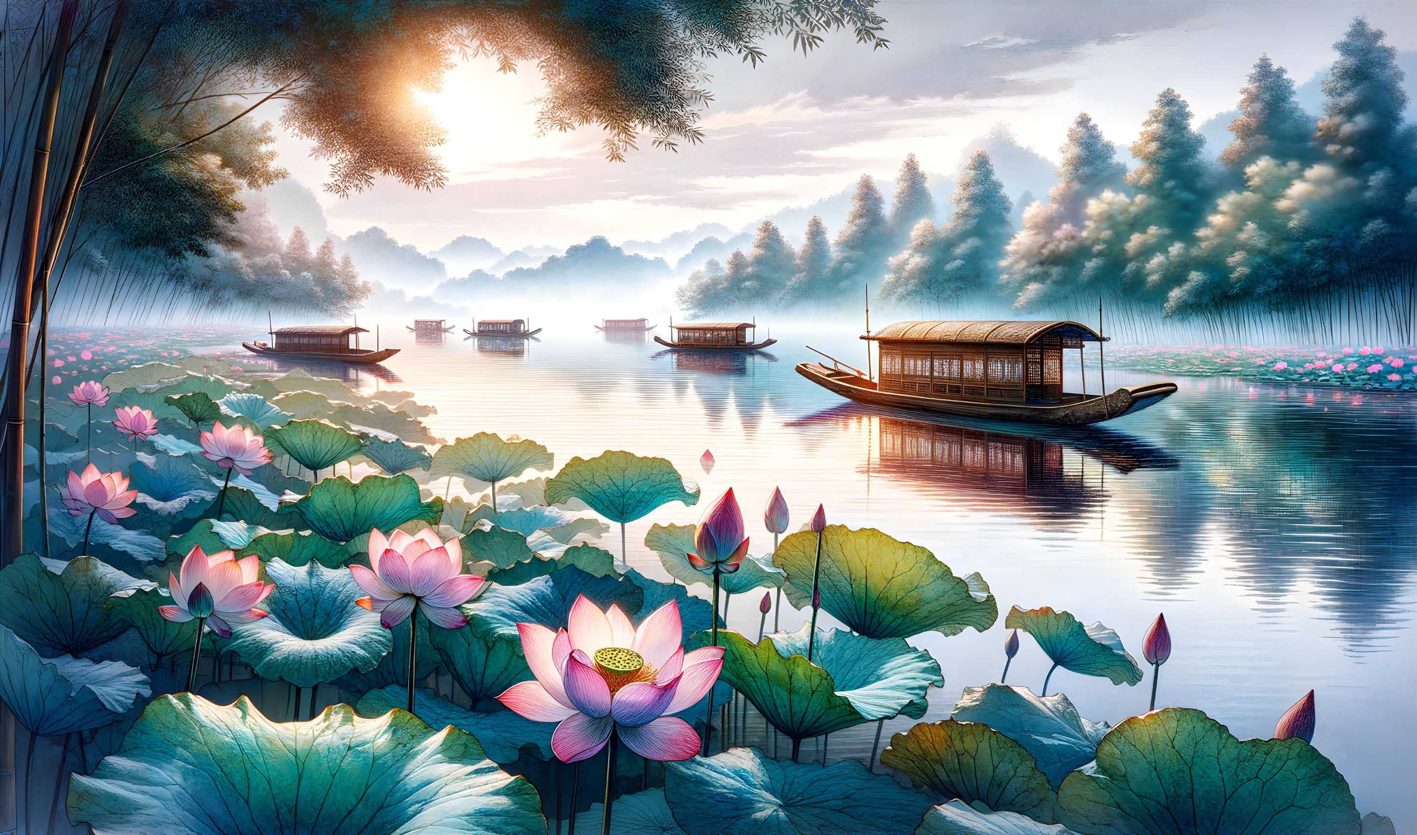 Tranquil River Landscape with Lush Greenery and Lotus