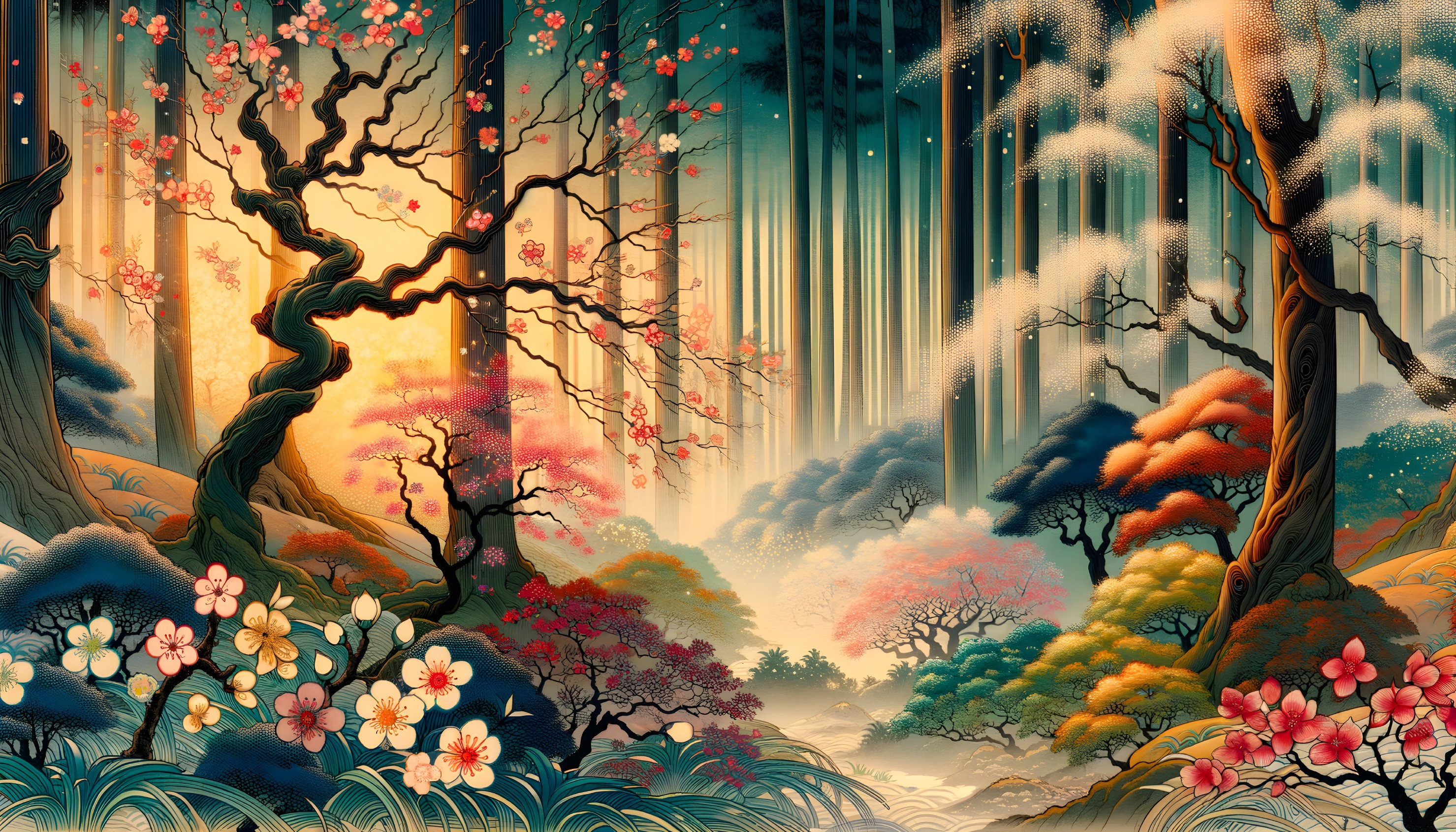 Vibrant forest artwork with trees, flowers, and waterfall