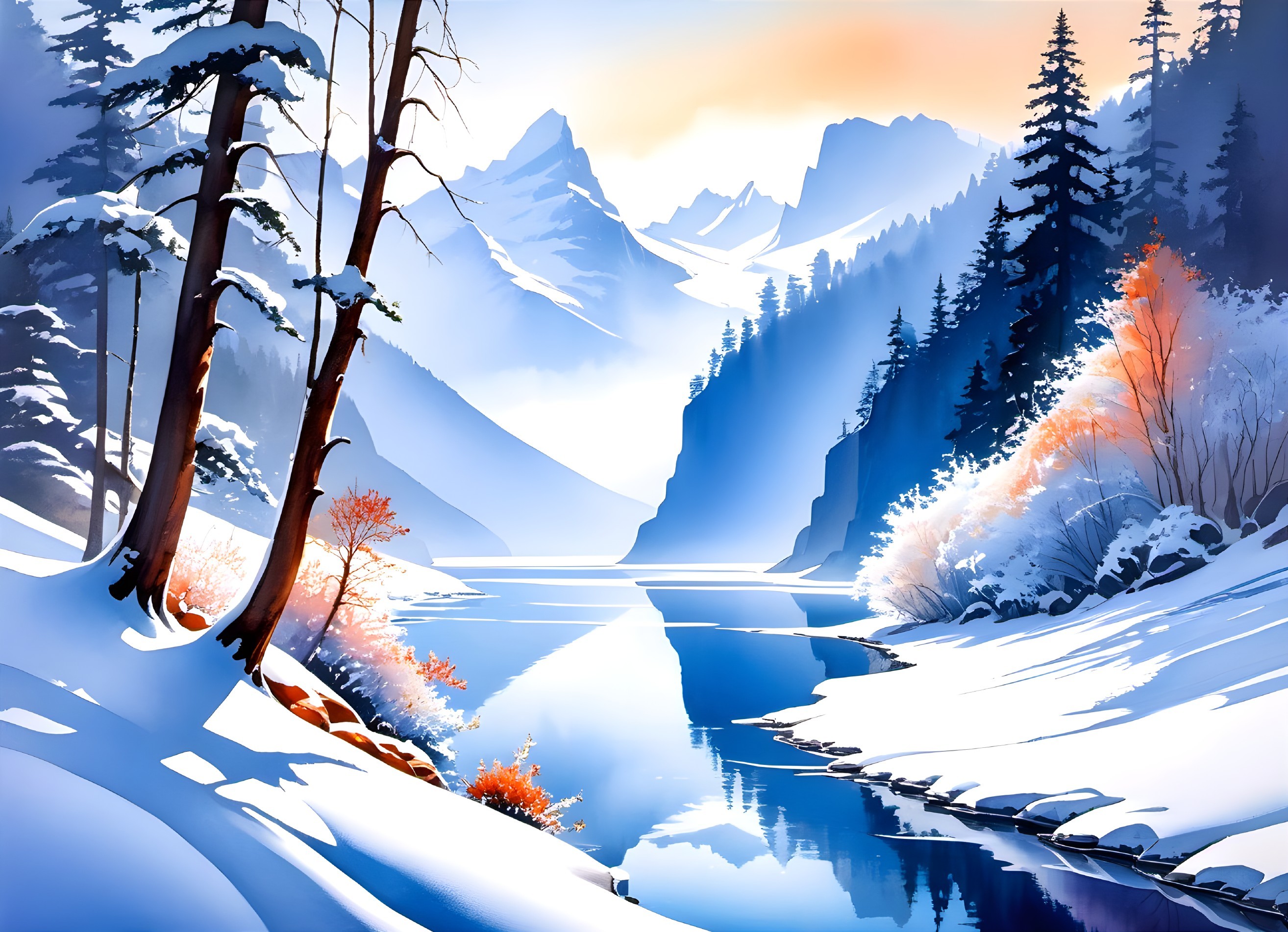 Serene Winter Landscape with Snow and Mountains