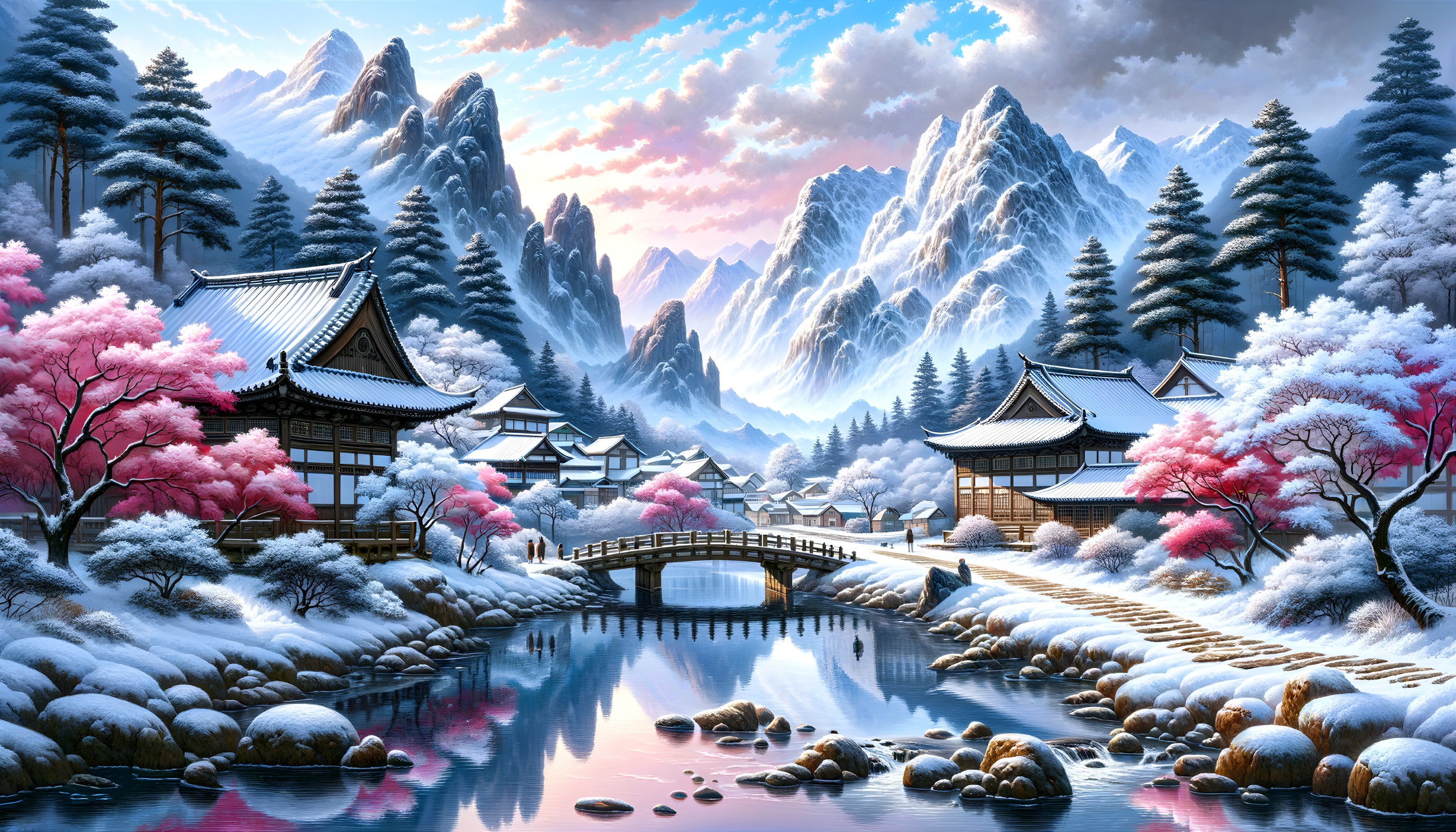 Serene Winter Landscape with Wooden Houses and Cherry Blossoms