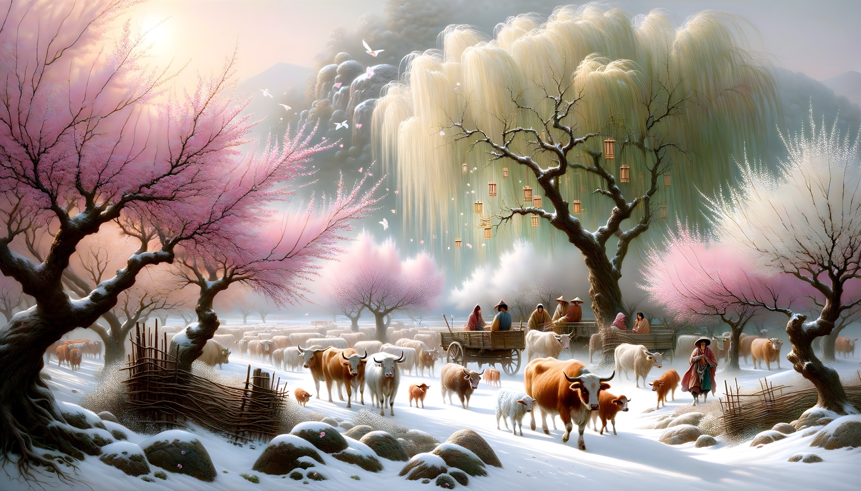Winter Landscape with Cows and Cherry Blossoms