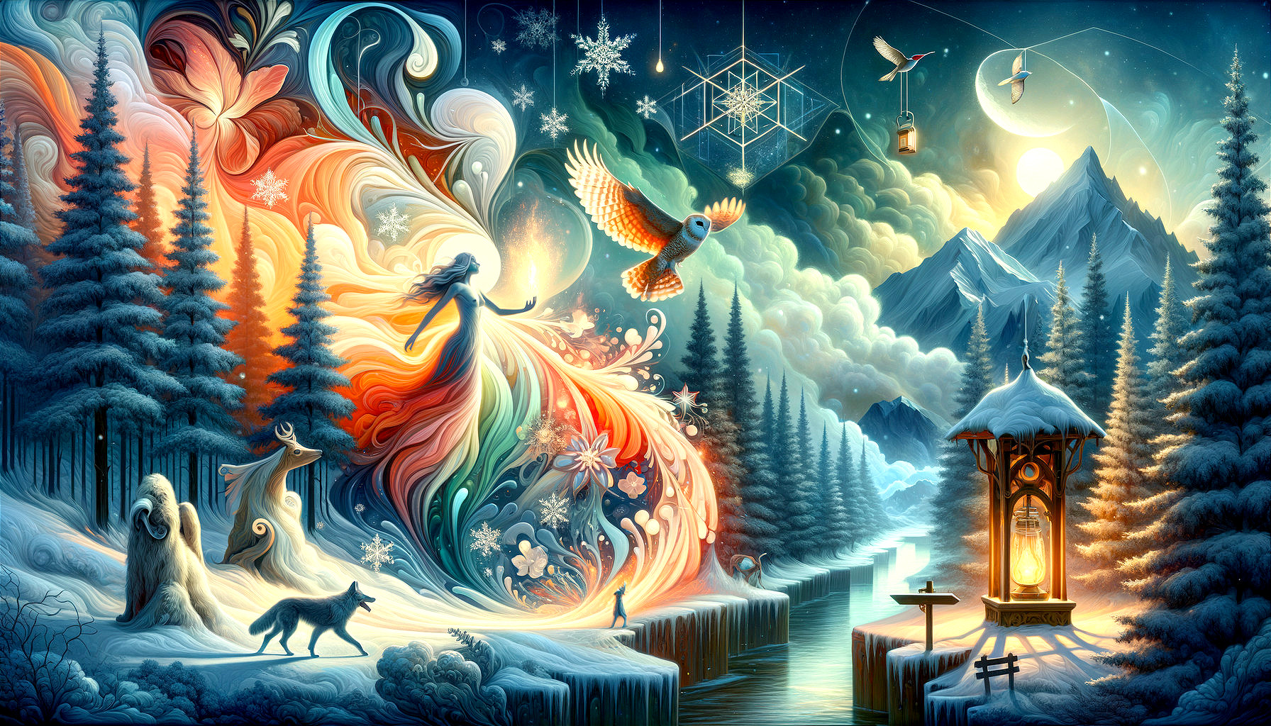 Fantasy illustration: Woman with fiery hair, wolf, owl, celestial motifs