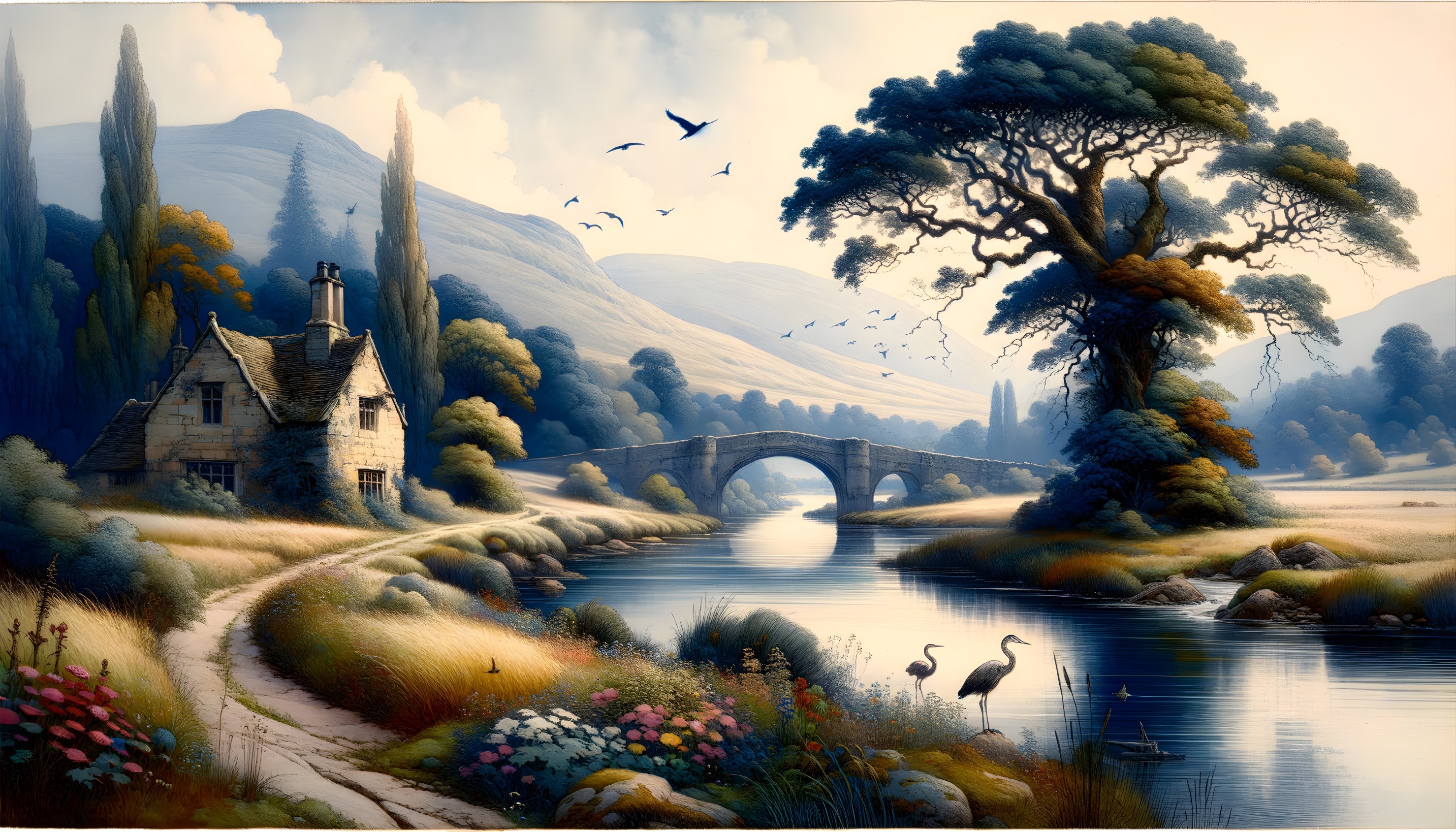 Charming Cottage by Winding River in Serene Landscape