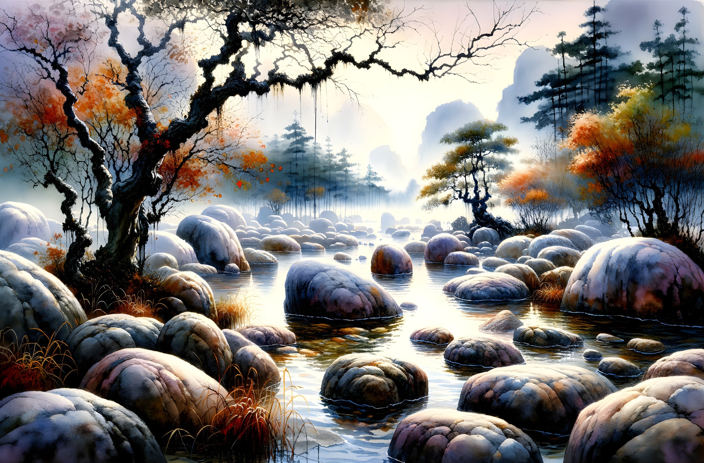 Serene Water Scene with Autumn Foliage and Misty Mountains