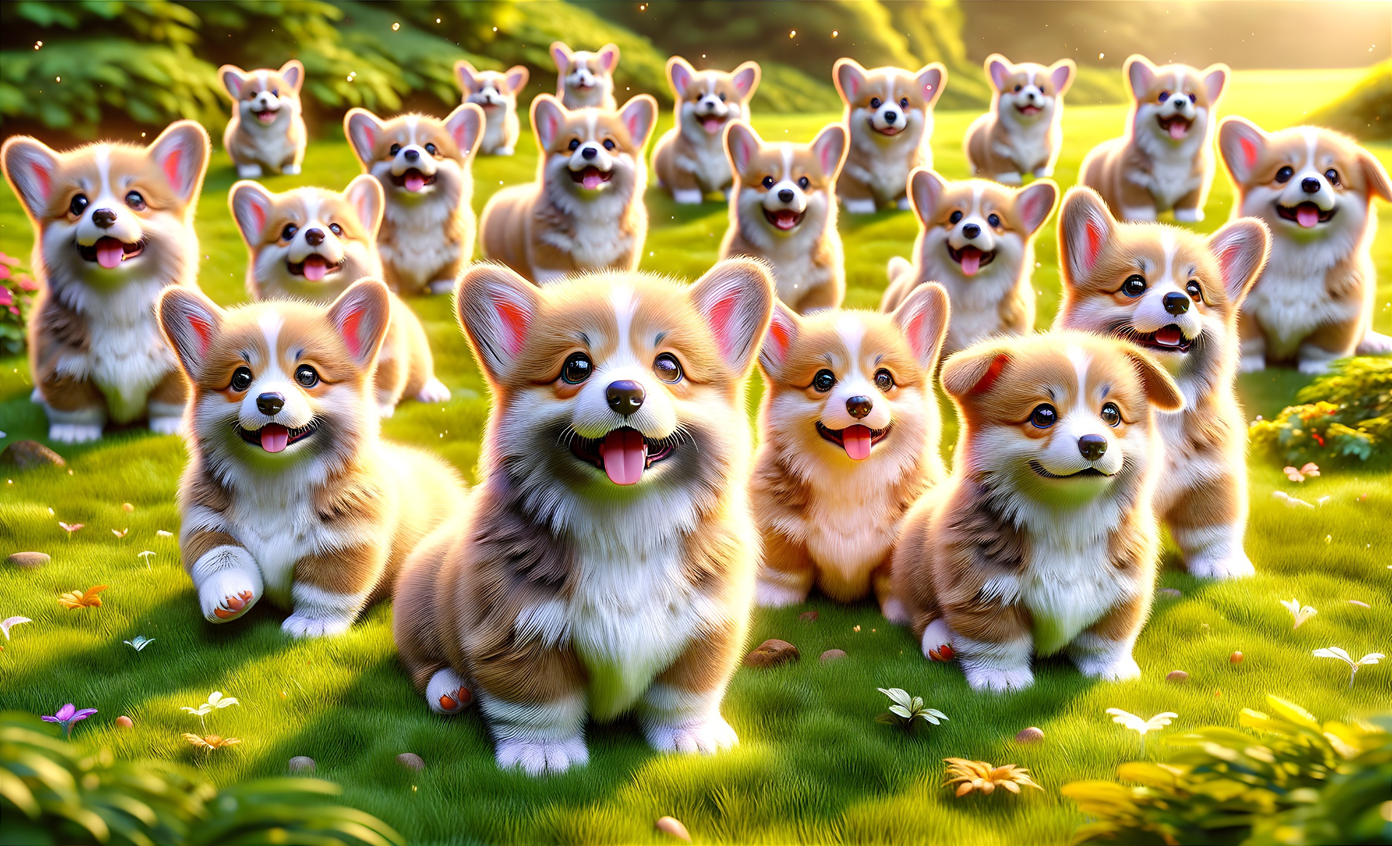Corgi Puppies Playing in a Sunlit Grassy Field