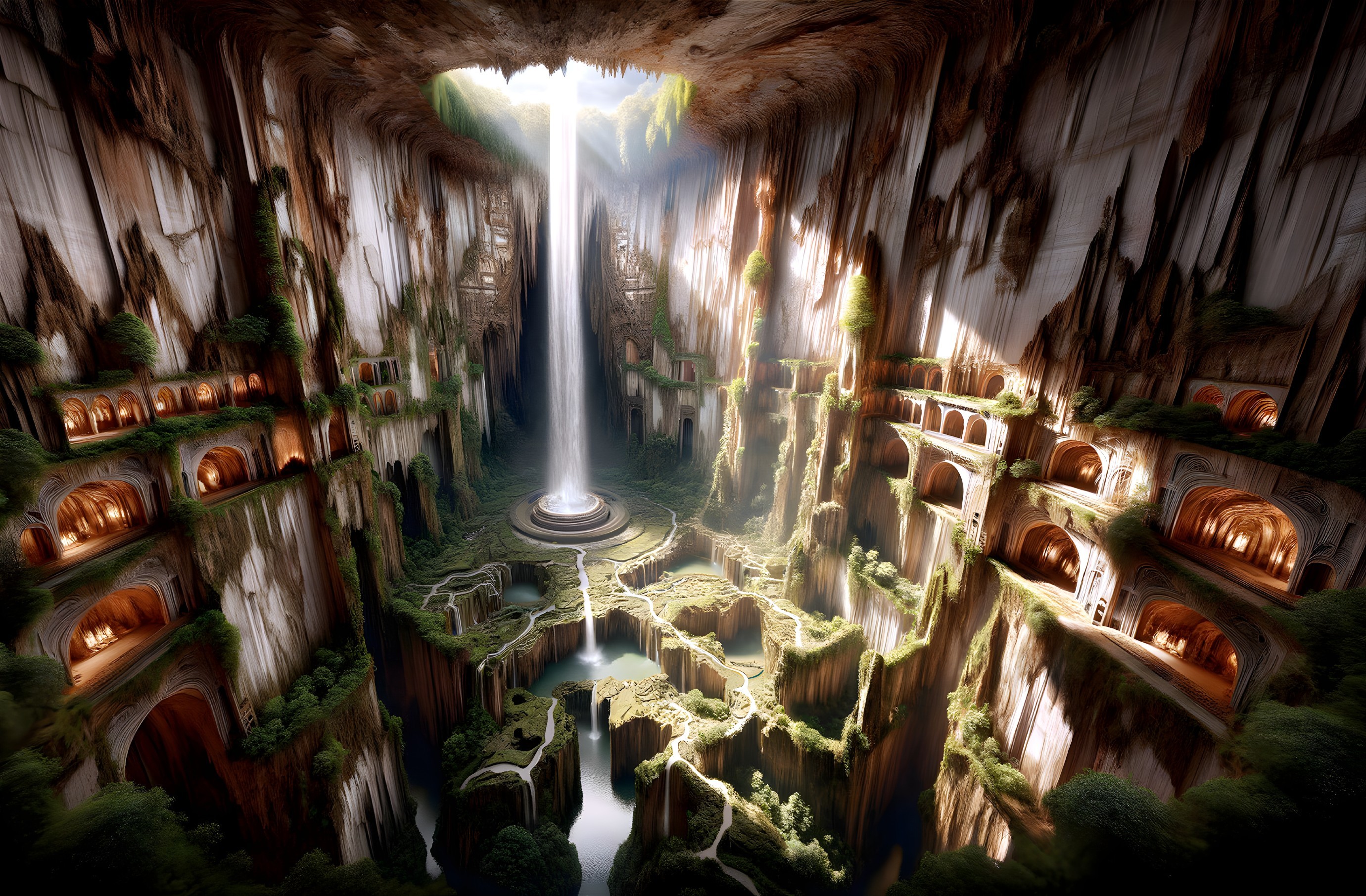 Underground Landscape with Cliffs and Waterfalls