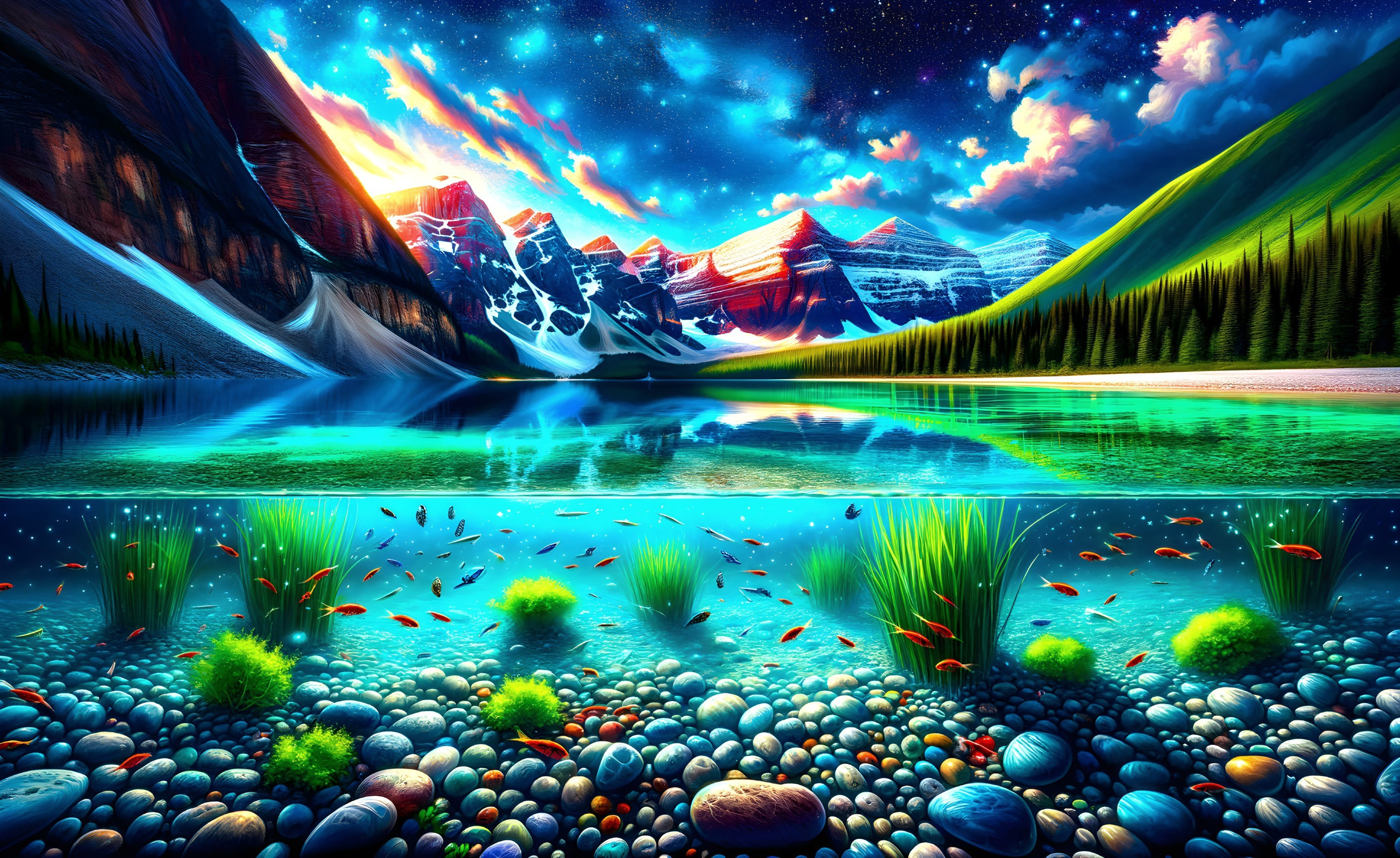 Vibrant Mountain Landscape with Underwater Scene