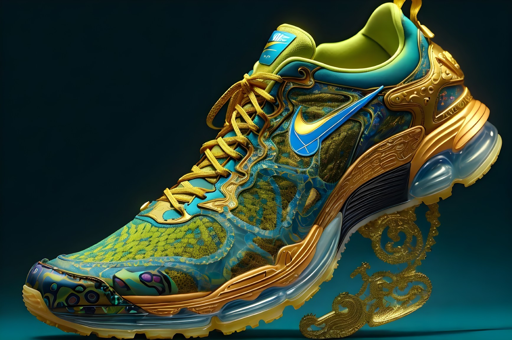 Stylized sneaker with golden patterns and neon accents on teal background