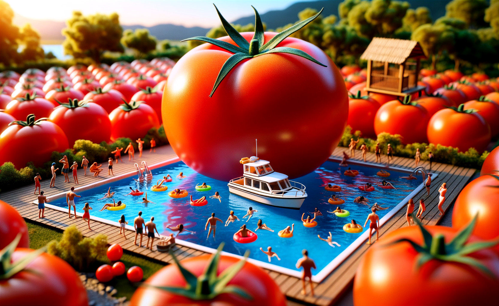 Giant Tomato Over Vibrant Pool with Floating Inflatables