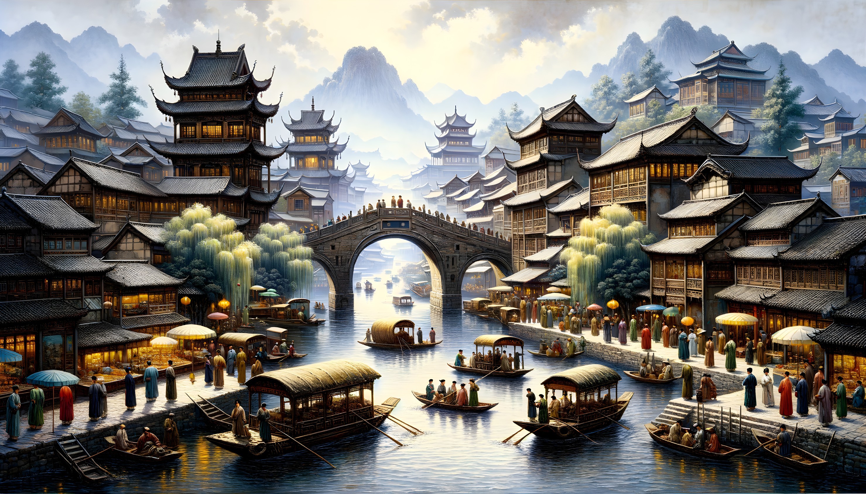 Picturesque Riverside Town with Traditional Architecture